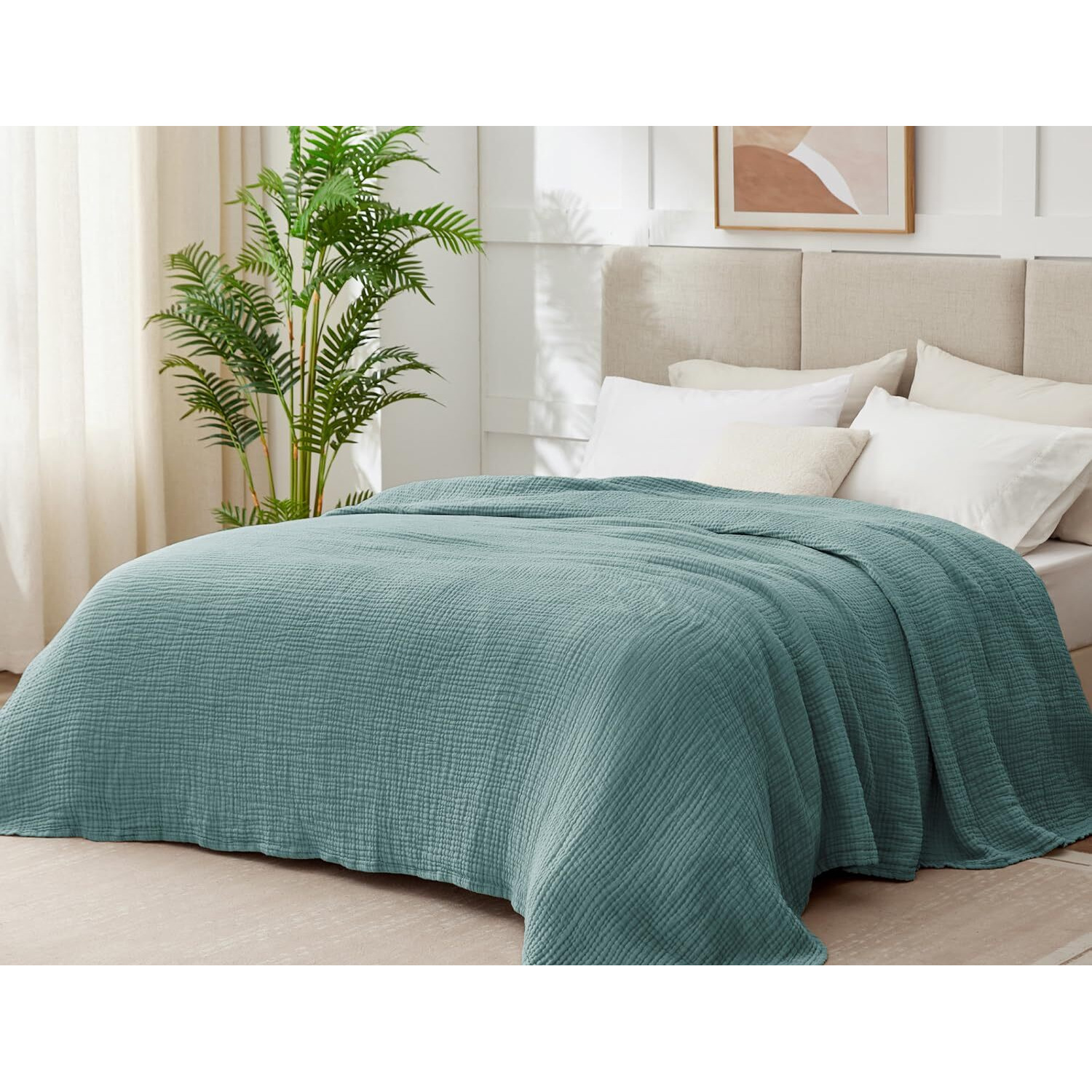 Kozyhvn 100% Cotton Muslin Blanket King 108"" X 90""  6 Layers Breathable And Lightweight Cotton Throw Blanket For Bed  Soft Quilt Bedspread Coverlet  Gauze Blanket For Adults All Season  Teal