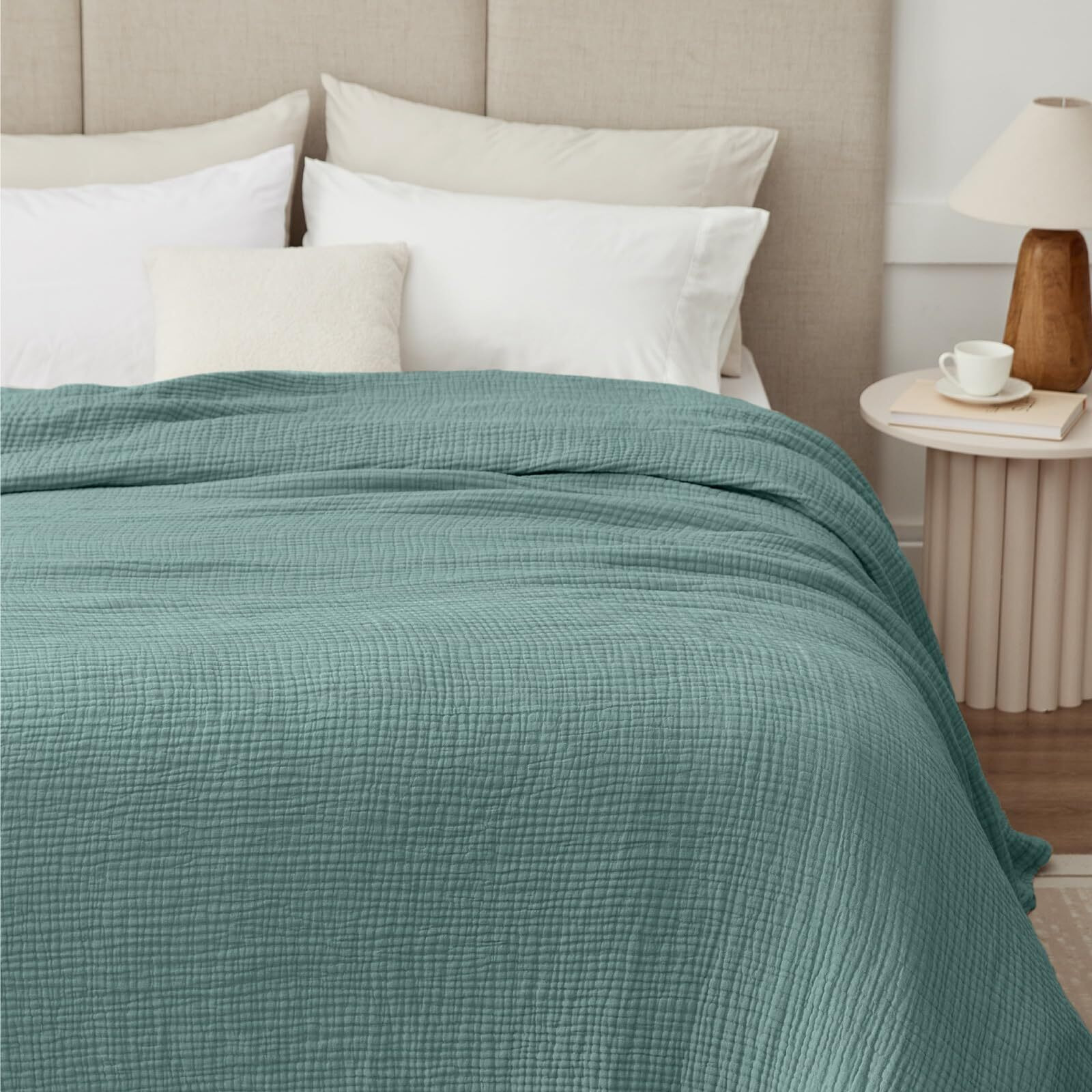 Kozyhvn 100% Cotton Muslin Blanket King 108"" X 90""  6 Layers Breathable And Lightweight Cotton Throw Blanket For Bed  Soft Quilt Bedspread Coverlet  Gauze Blanket For Adults All Season  Teal