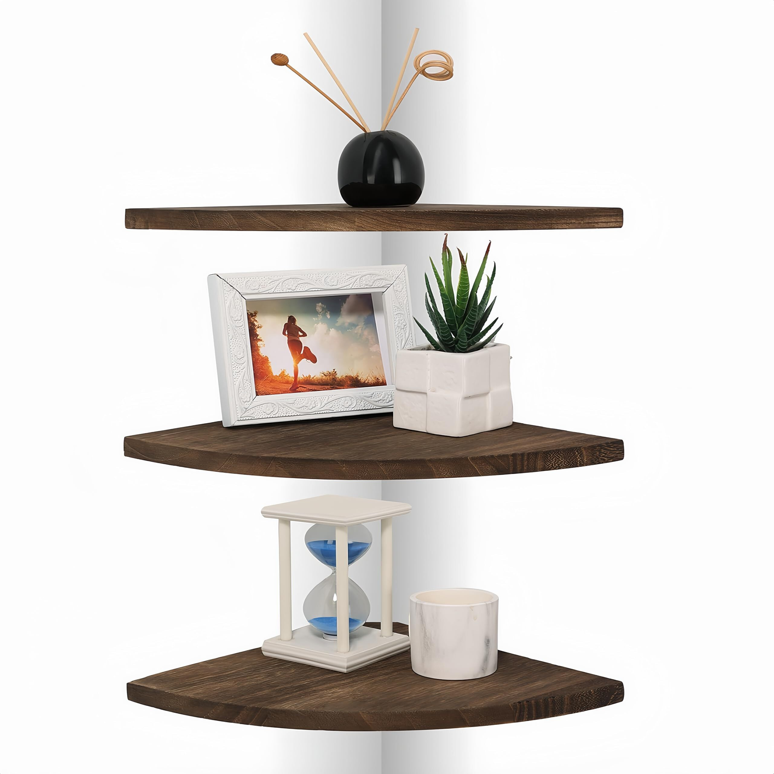 Duicirx Corner Wall Shelves  Wood Corner Floating Shelves With Cable Raceway  Wall Mount Storage Display For Tv Accessories  Monitor  Speaker (Carbonized Dark Brown  Fan-Shaped- 10 Inch)