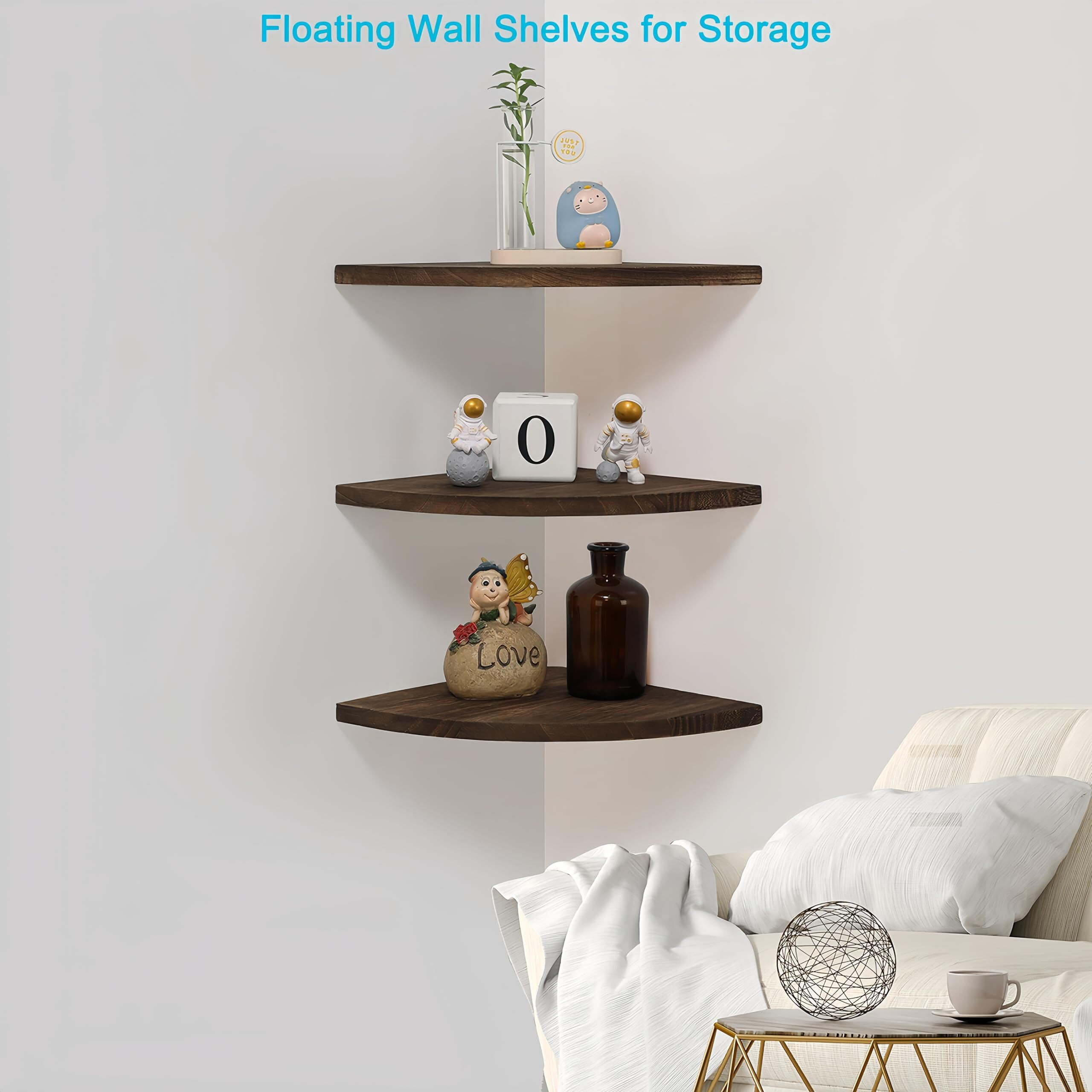 Duicirx Corner Wall Shelves  Wood Corner Floating Shelves With Cable Raceway  Wall Mount Storage Display For Tv Accessories  Monitor  Speaker (Carbonized Dark Brown  Fan-Shaped- 10 Inch)