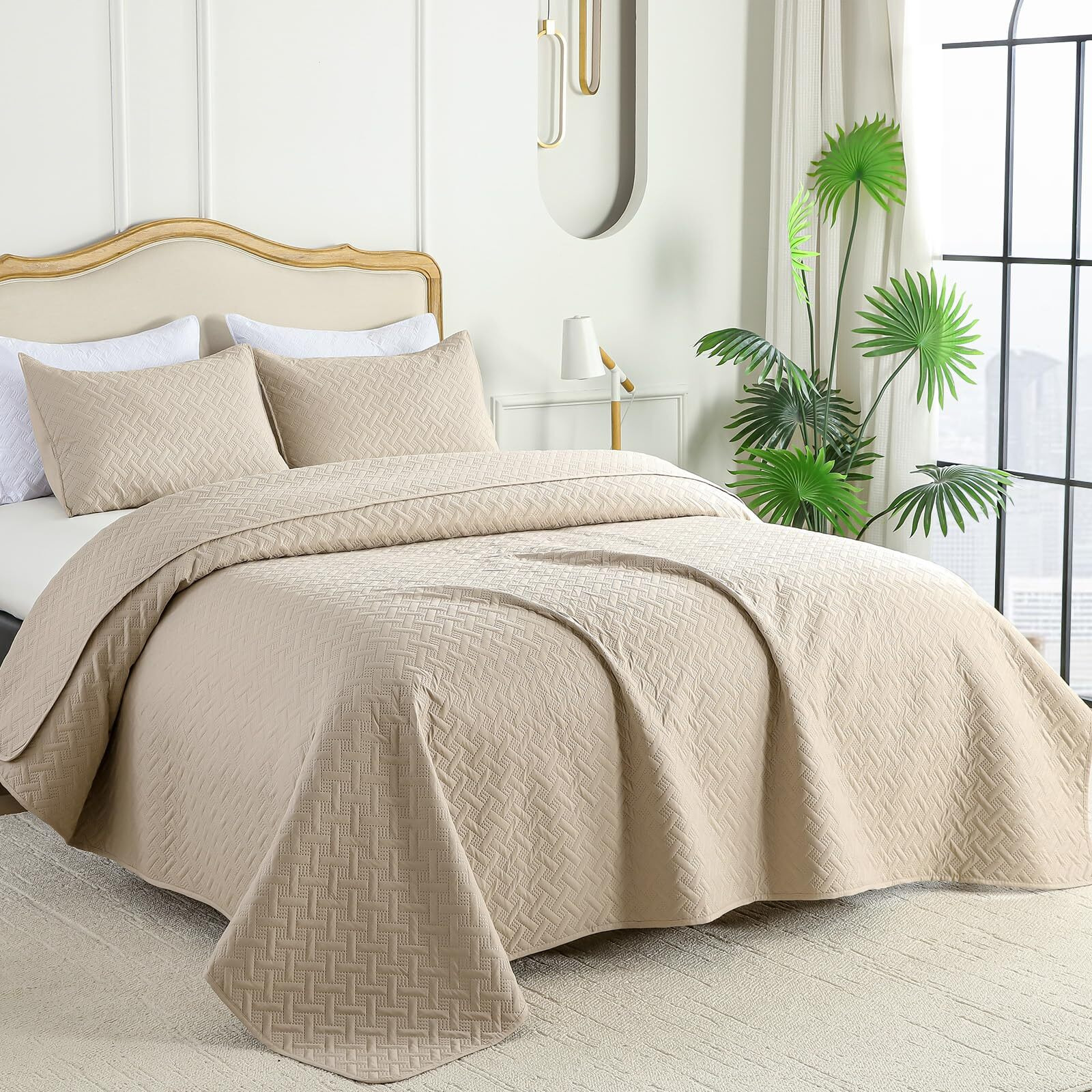 Flymme Beige Twin Quilt Bedding Set Thin Lightweight Bedspreads Modern Style Geometric Weave Stripe Pattern Soft Microfiber Bed Coverlet For All Season (1 Quilt  1 Sham)