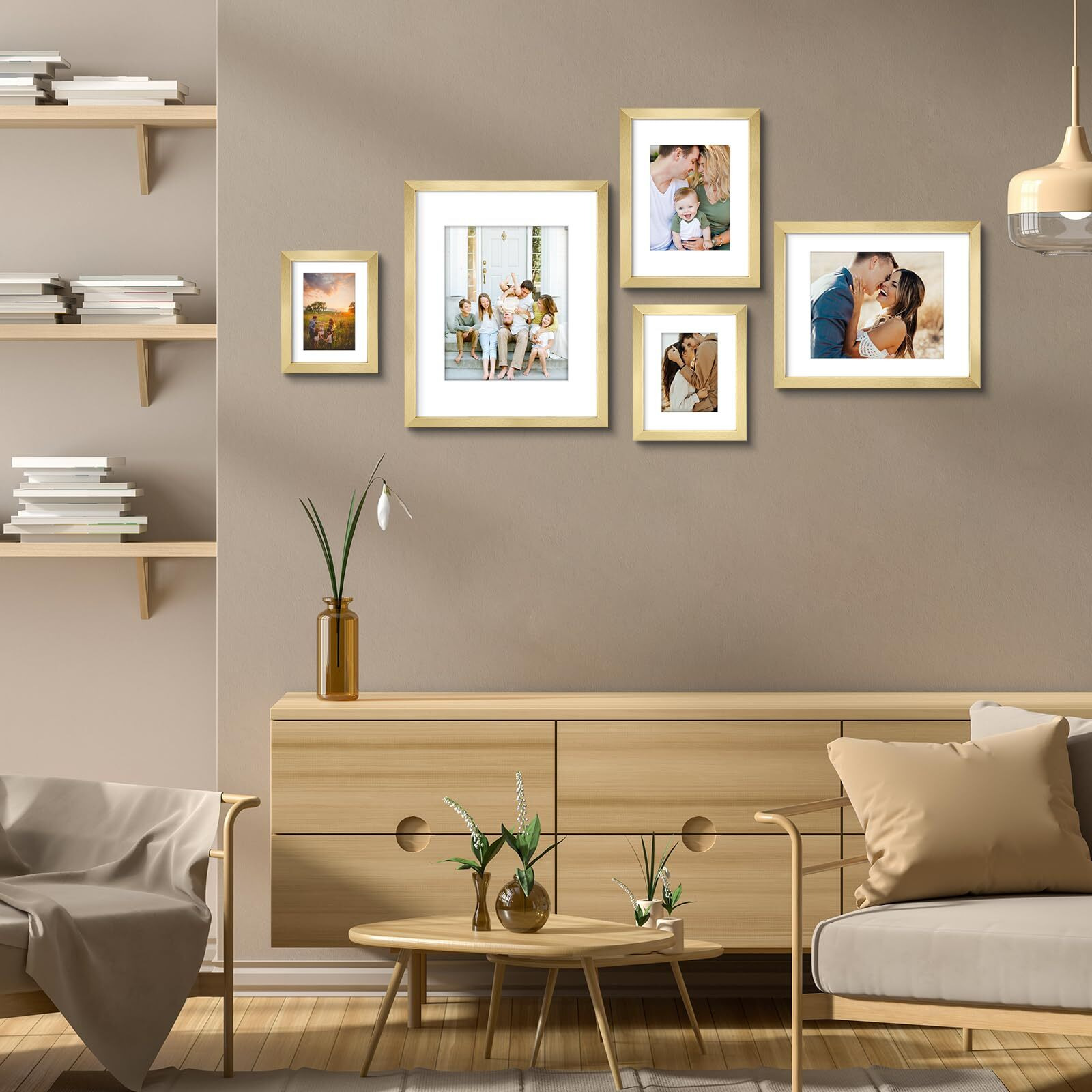 Auear  6X8 Picture Frames Set Of 3  With Mat For 4X6 Or 6X8 Without Mat  Engineered Wood Photo Frames With Plexiglass  For Wall Or Tabletop Display (Gold)