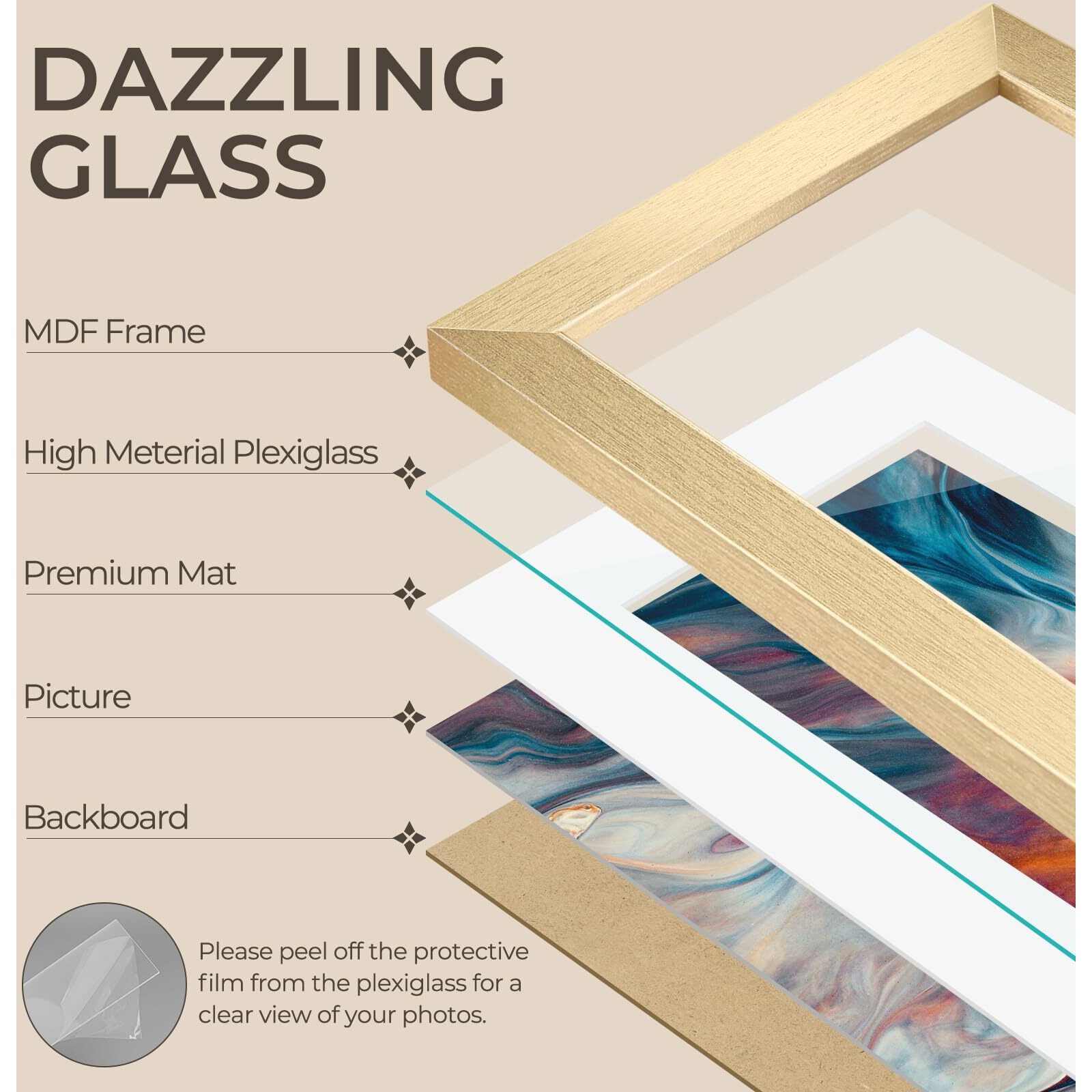 Auear  6X8 Picture Frames Set Of 3  With Mat For 4X6 Or 6X8 Without Mat  Engineered Wood Photo Frames With Plexiglass  For Wall Or Tabletop Display (Gold)