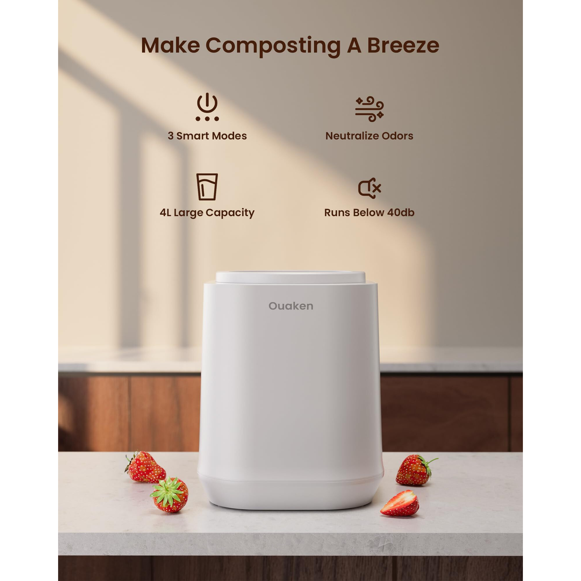 Ouaken Electric Composter For Kitchen  4L Smart Countertop Compost Bin  Odorless | Low Noise | No Leaking | Turn Food Waste Into Fertilizer Within 3 Hrs  Indoor Food Recycler Compost Machine  White