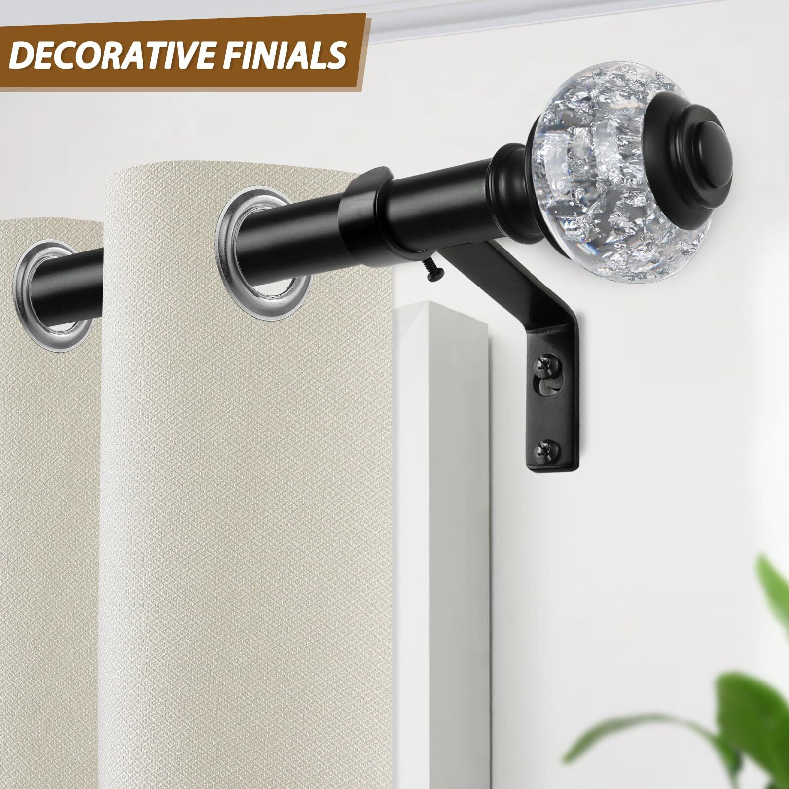 Corner Curtain Rods For Windows 48 To 84  Usfook 3/4 Center Rod For Windows  Black Decorative Drapery Rods 32 To 86 Inch With Bling Finials