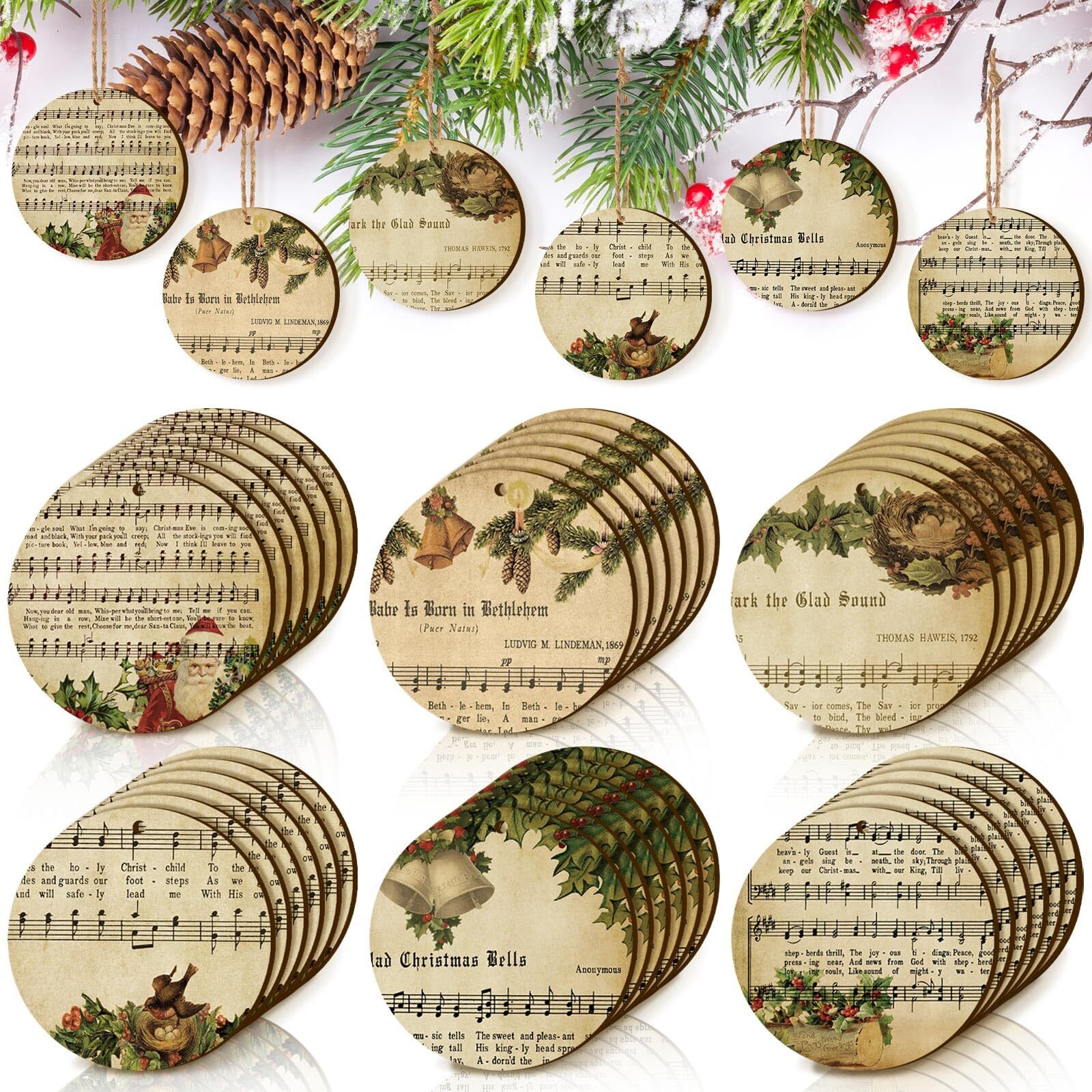 Spiareal 36 Pcs Vintage Christmas Music Note Ornament Music Sheet Hanging Ornament Antique Victorian Printable Christmas Ornament New Homeowner Gift Ideas(Light Brown Vintage Style)
