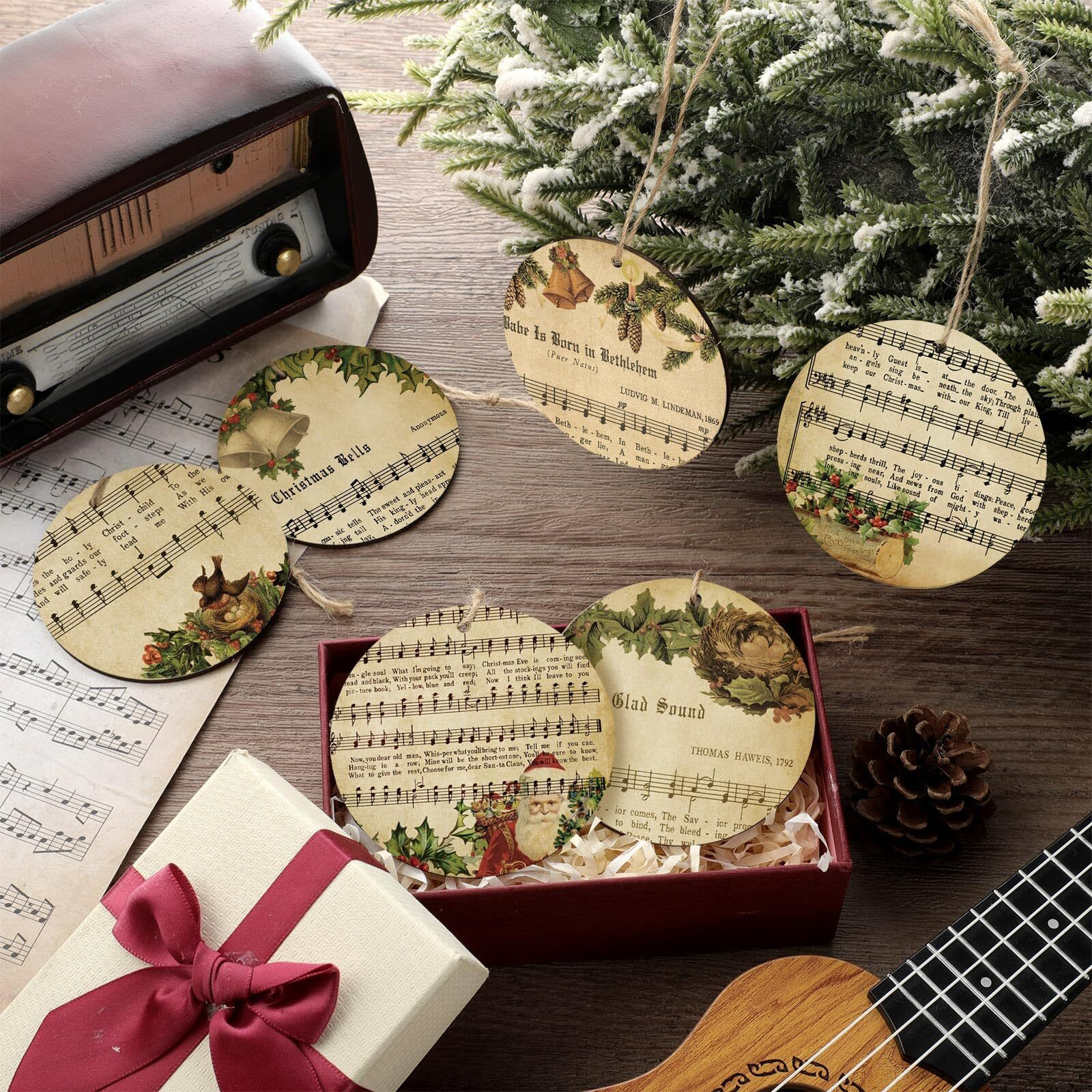 Spiareal 36 Pcs Vintage Christmas Music Note Ornament Music Sheet Hanging Ornament Antique Victorian Printable Christmas Ornament New Homeowner Gift Ideas(Light Brown Vintage Style)
