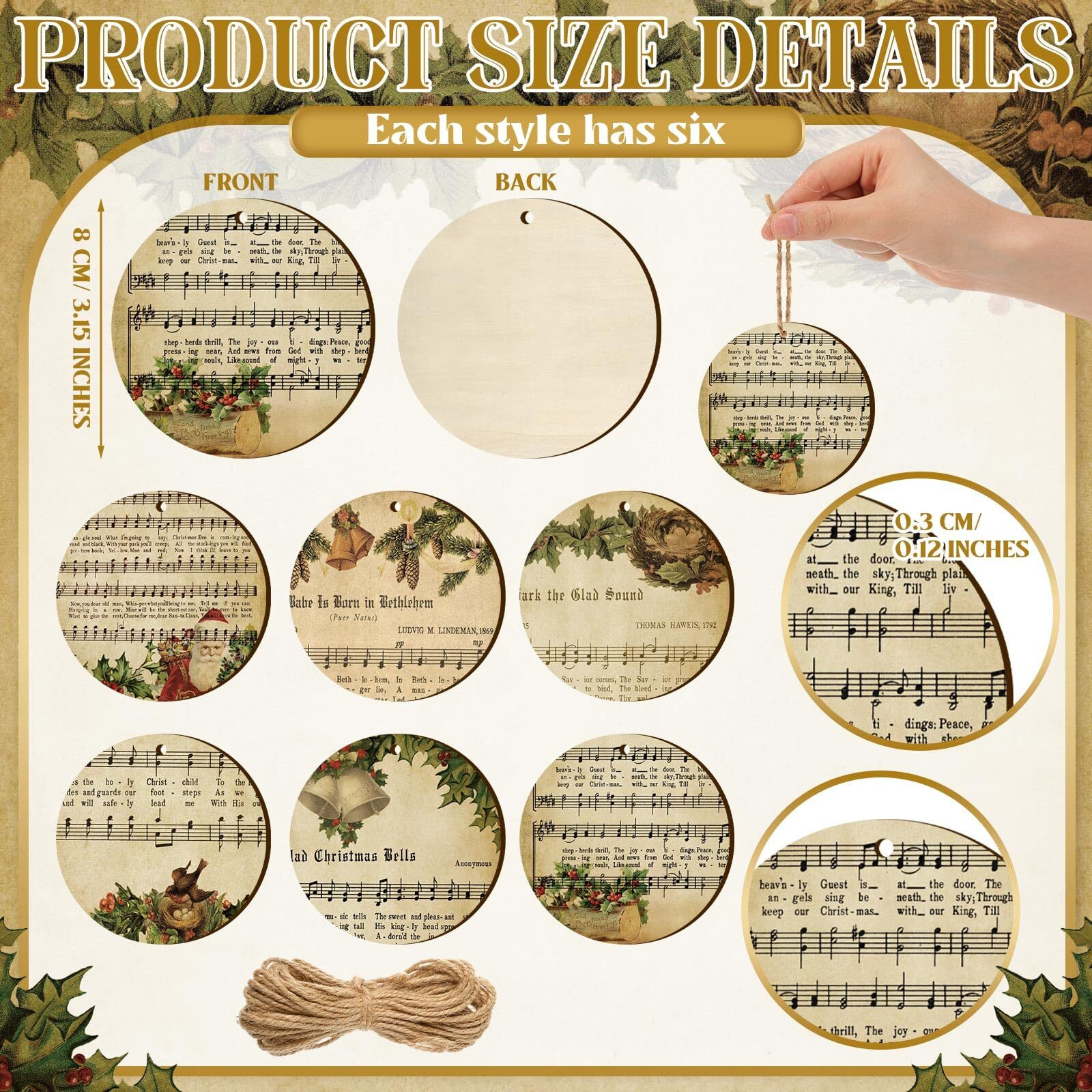 Spiareal 36 Pcs Vintage Christmas Music Note Ornament Music Sheet Hanging Ornament Antique Victorian Printable Christmas Ornament New Homeowner Gift Ideas(Light Brown Vintage Style)