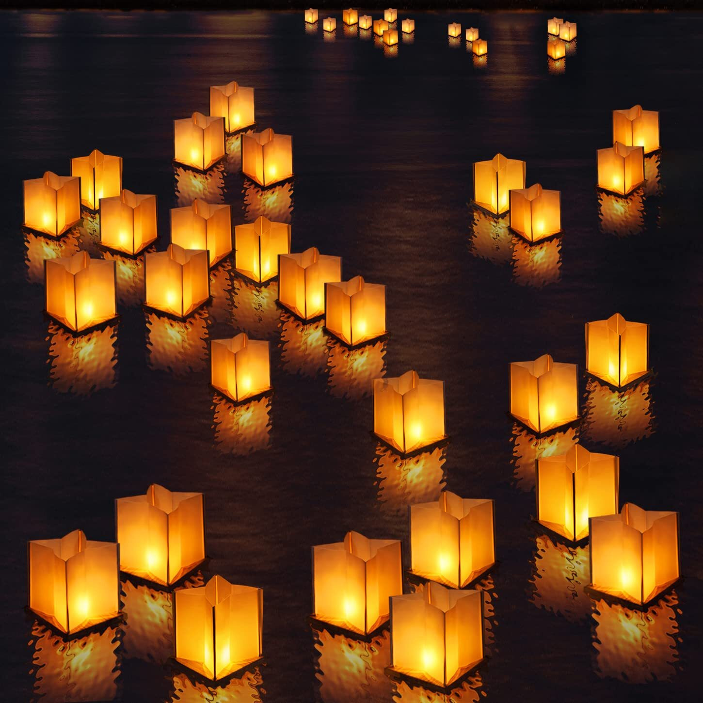 Fuelye 10 Pack 6&quot&quot Star Shaped Floating Lanterns With Waterproof Wooden Base Sets  Paper Water Lanterns Decoration With Led Tealight Candle (10Sets Lanterns+Candles)