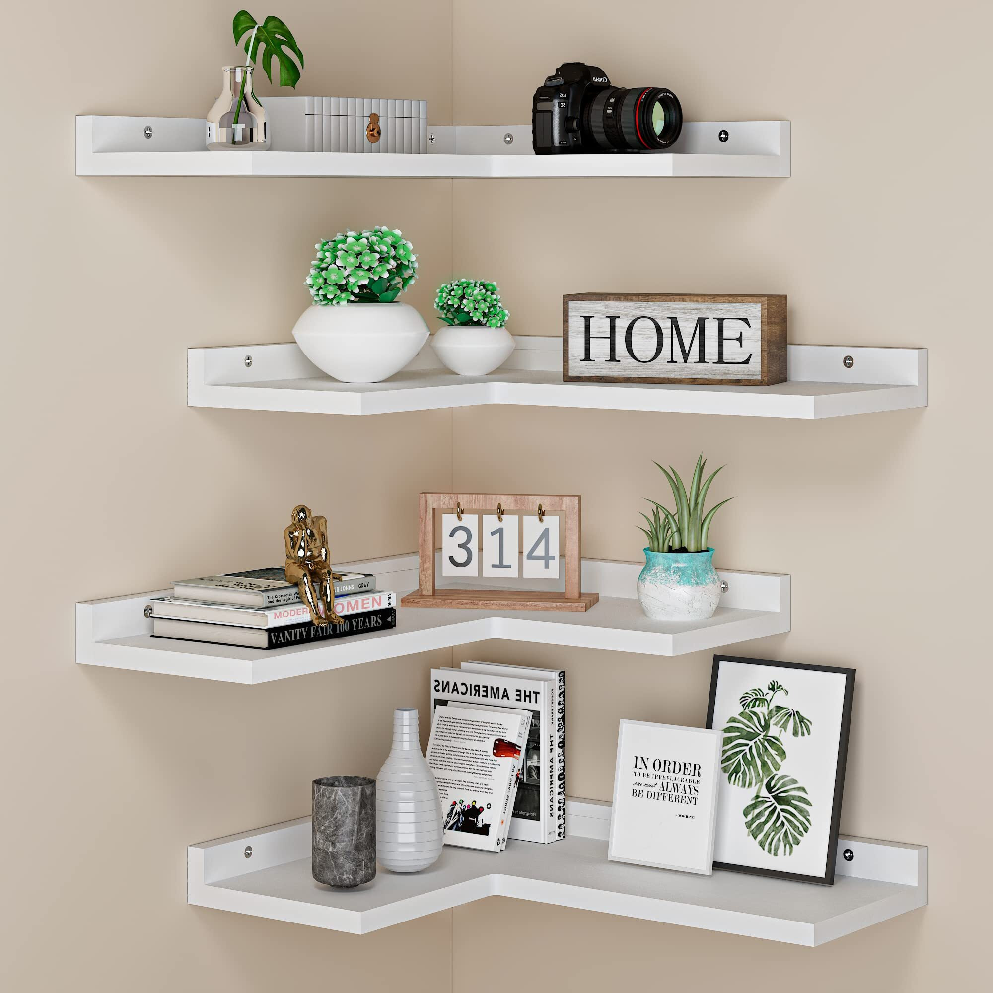 4 Tier Floating Corner Shelves White Set Of 4  Rustic Pine Wooden Floating Corner Wall Shelf For Wall DCor Storage  L Shaped Corner Shelf Wall Mount For Bedroom  Living Room  Bathroom  Kitchen