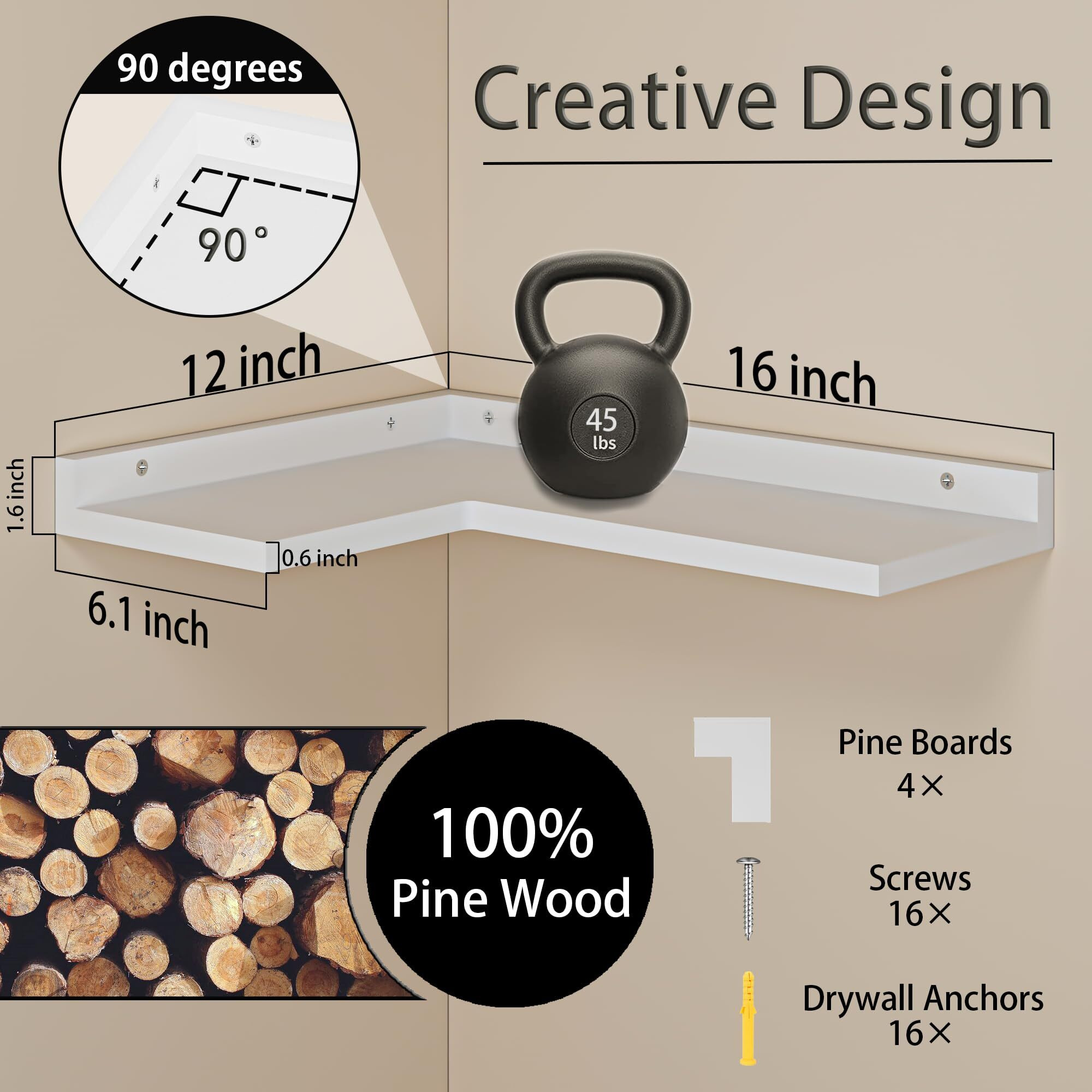 4 Tier Floating Corner Shelves White Set Of 4  Rustic Pine Wooden Floating Corner Wall Shelf For Wall DCor Storage  L Shaped Corner Shelf Wall Mount For Bedroom  Living Room  Bathroom  Kitchen