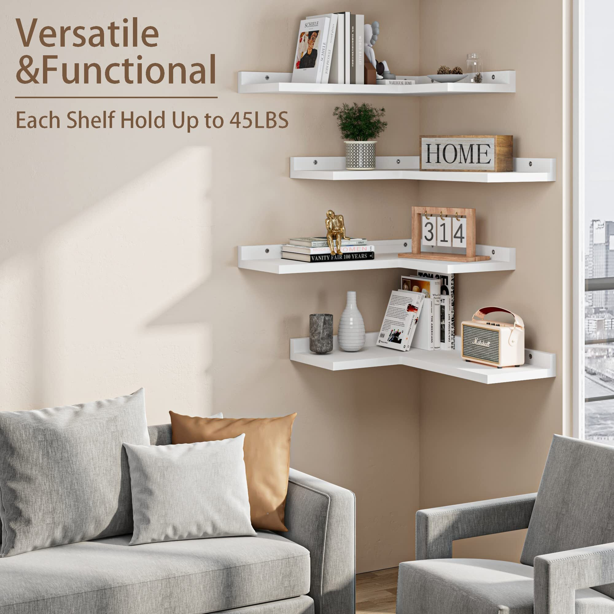 4 Tier Floating Corner Shelves White Set Of 4  Rustic Pine Wooden Floating Corner Wall Shelf For Wall DCor Storage  L Shaped Corner Shelf Wall Mount For Bedroom  Living Room  Bathroom  Kitchen