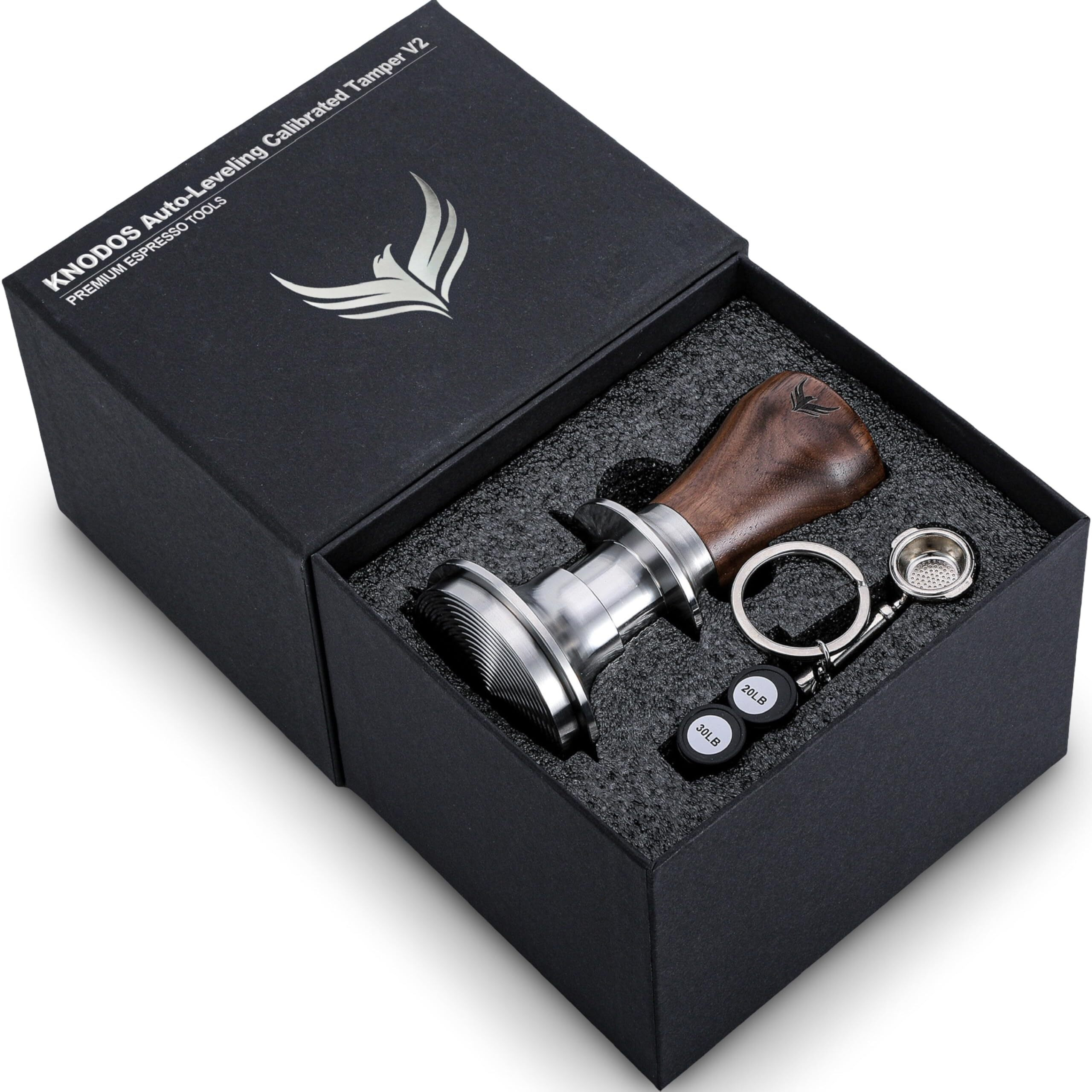 Knodos Calibrated Espresso Tamper 58Mm Walnut  Auto-Leveling And 30Lb Spring Loaded Design Stainless Steel Ripple Base Coffee Tamper With 20Lb / 25Lb / 30Lbs Replacement Springs (58.3Mm)