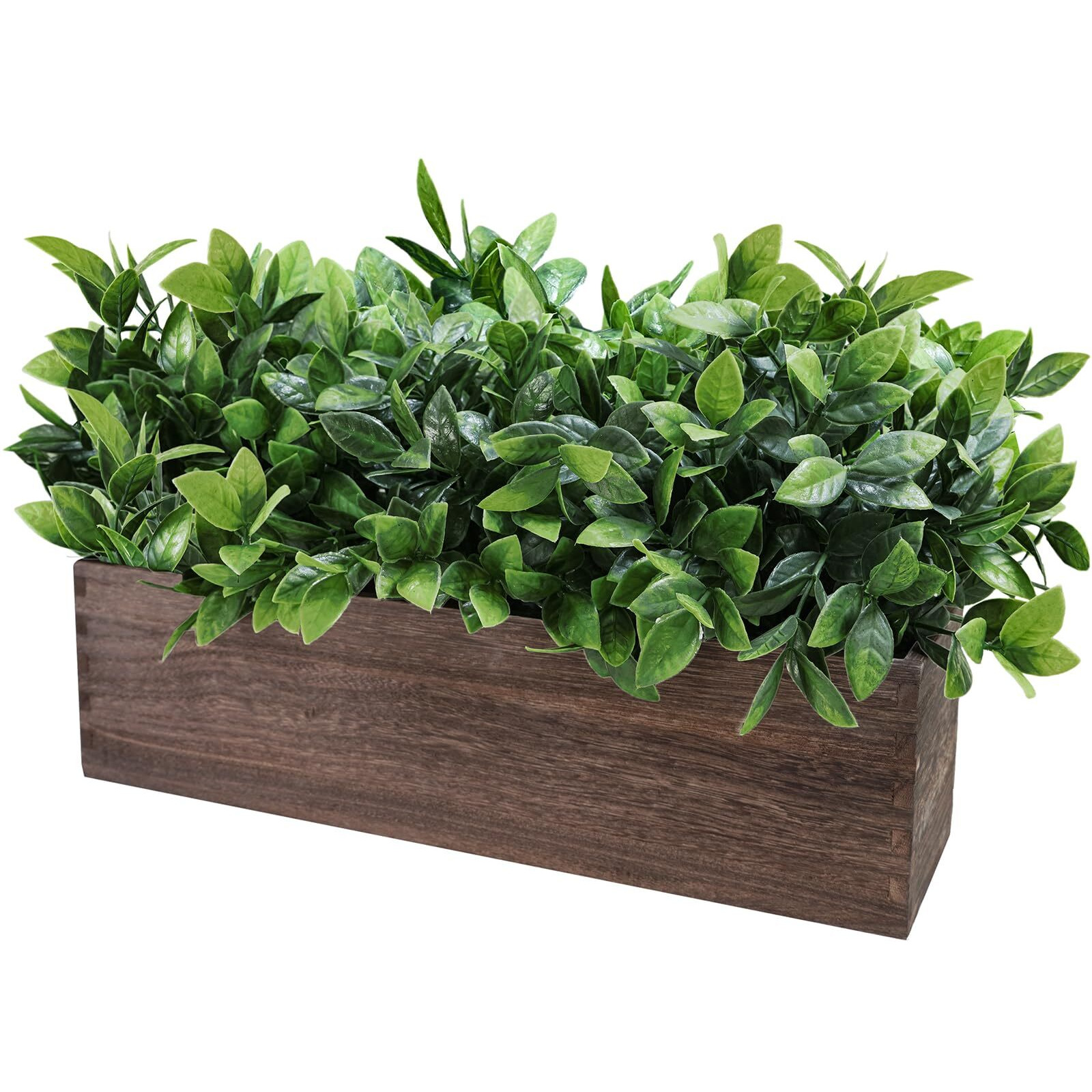 Winlyn 14"" Artificial Boxwood Plants In Rectangular Wood Planter Farmhouse Greenery Arrangement Centerpiece Faux Potted Herb Plant For Wedding Dining Room Table Kitchen Windowsill Mantel Shelf DCor