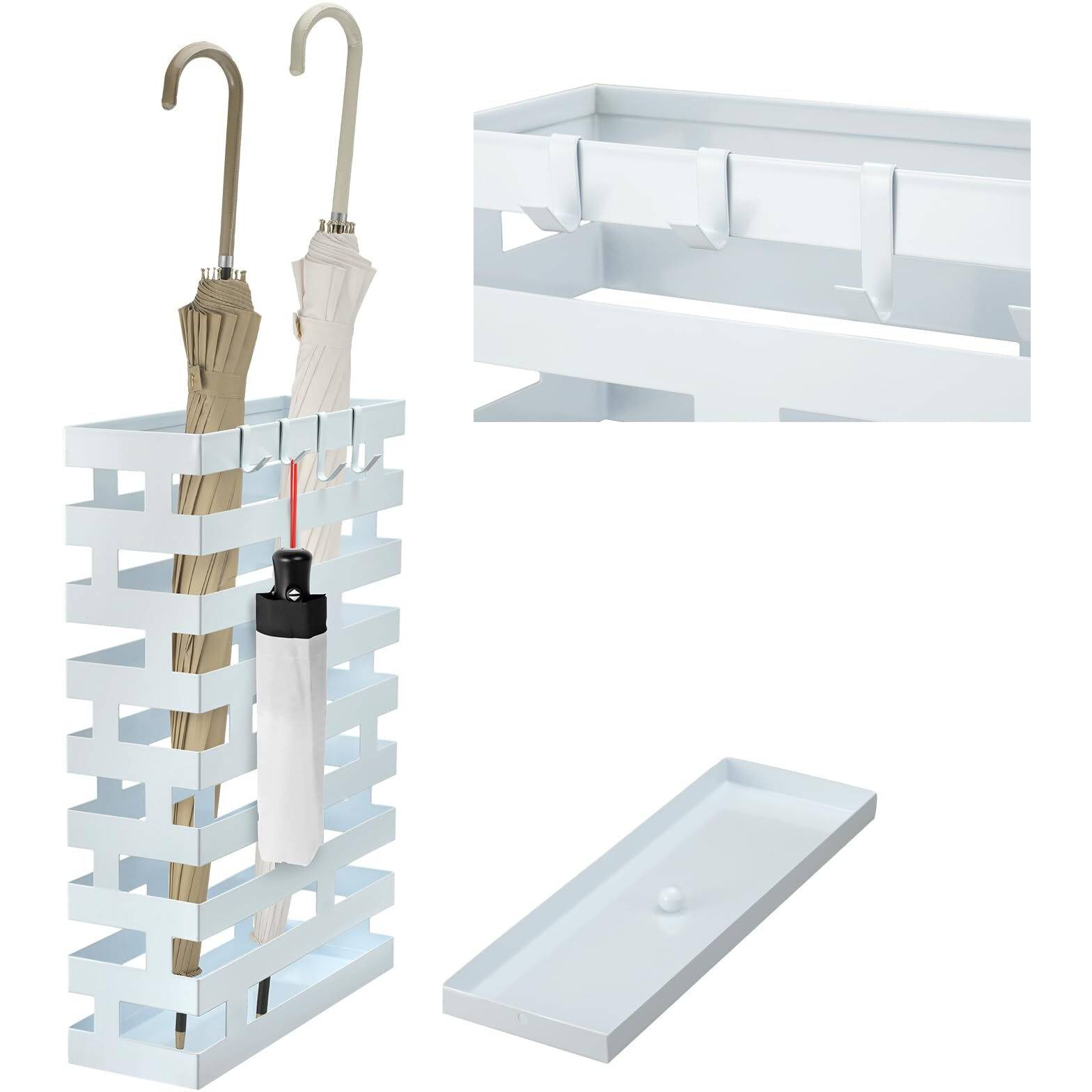 Umbrella Stands For Entryway Large Metal Umbrella Holder With Removable Water Tray And Hooks Decor Freestanding Rectangular Umbrella Hollow Rack For Home Office (White  3.94 X 11.81 X 16.93 Inch)