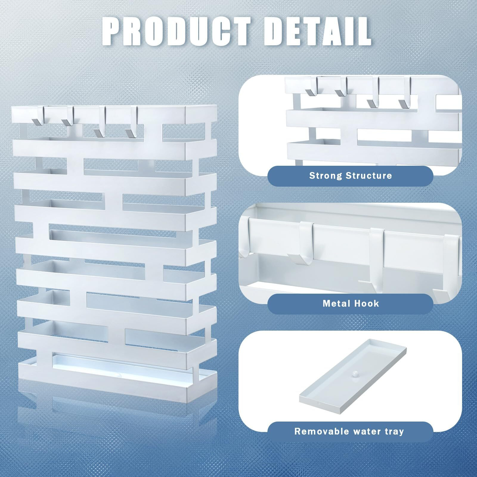 Umbrella Stands For Entryway Large Metal Umbrella Holder With Removable Water Tray And Hooks Decor Freestanding Rectangular Umbrella Hollow Rack For Home Office (White  3.94 X 11.81 X 16.93 Inch)