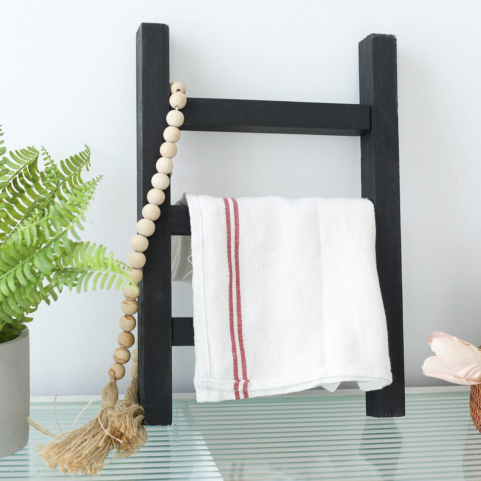 Fuin Wooden Tea Towel Ladder  Mini Ladder Towel Rack Display Hanger  Small Rustic Farmhouse Tea Towel Stand Holder For Country Bathroom Decor  Black