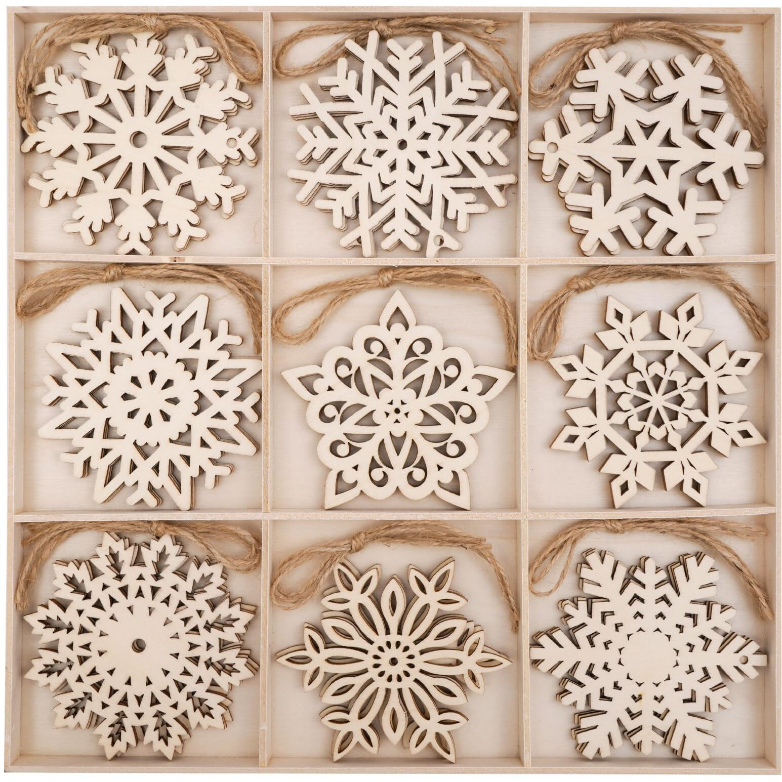 Wooden Snowflake Ornaments  27Pcs Christmas Tree Hanging Decorations Diy Craft Wood Cutouts For Xmas  Rustic Unfinished Wood Snowflakes With Twine For Crafts And Holiday Decor