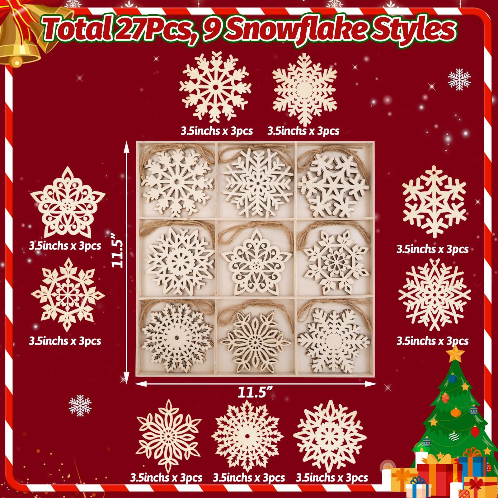 Wooden Snowflake Ornaments  27Pcs Christmas Tree Hanging Decorations Diy Craft Wood Cutouts For Xmas  Rustic Unfinished Wood Snowflakes With Twine For Crafts And Holiday Decor