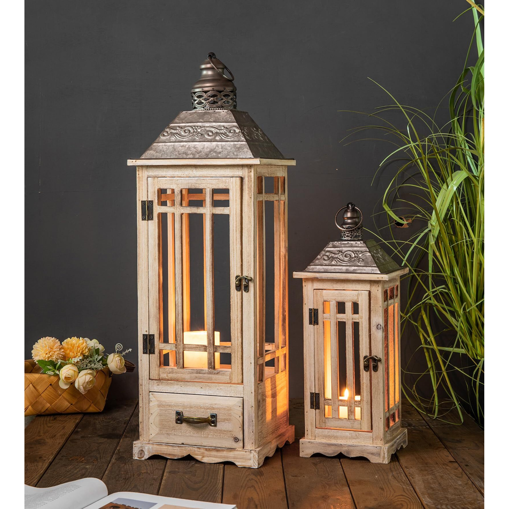 Timris Large Rustic Wooden Metal Decorative Lantern Set Of 2  Modern Farmhouse Floor Candle Lanterns With Drawer  Indoor/Outdoor Hanging Lanterns For Home Decor (No Glass)