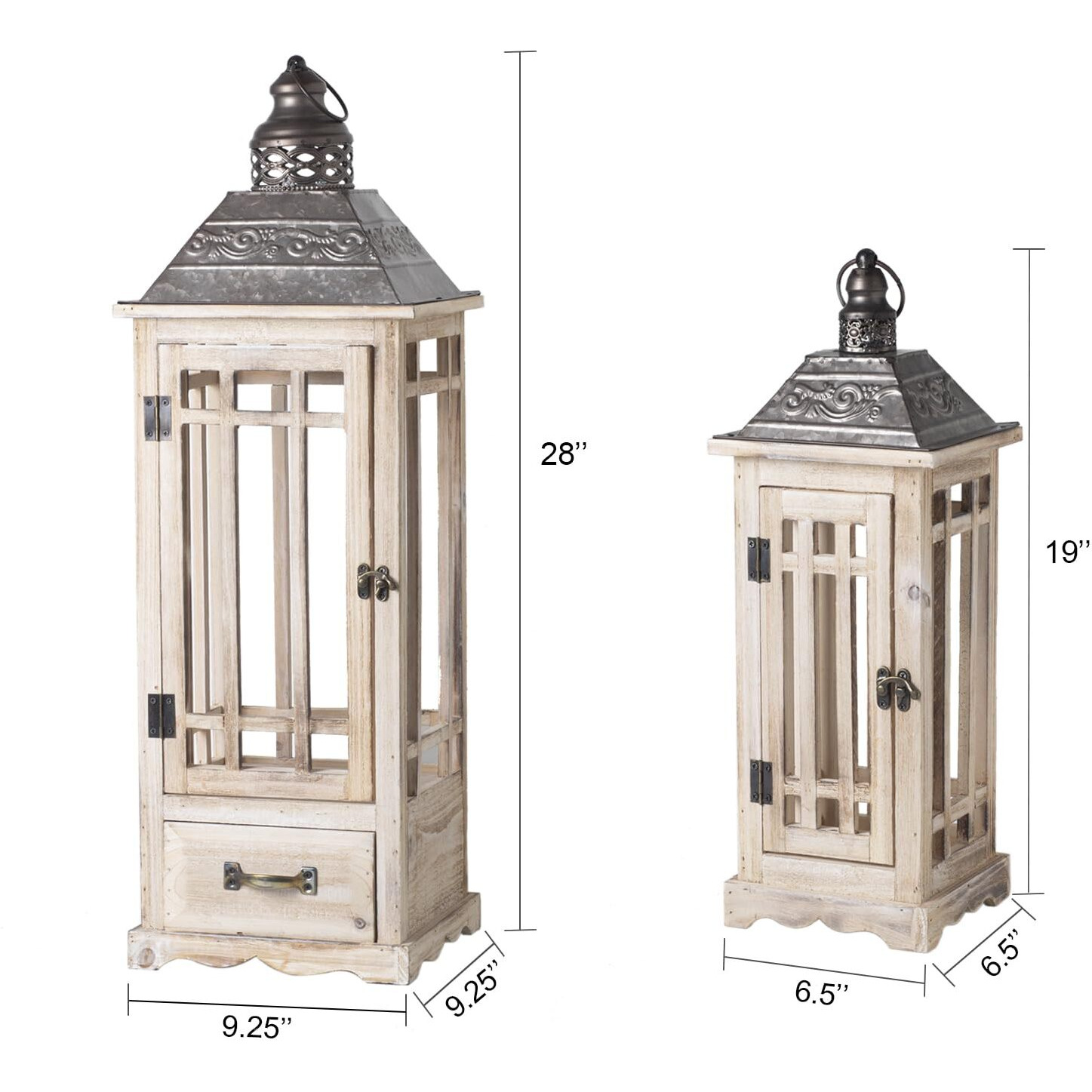 Timris Large Rustic Wooden Metal Decorative Lantern Set Of 2  Modern Farmhouse Floor Candle Lanterns With Drawer  Indoor/Outdoor Hanging Lanterns For Home Decor (No Glass)