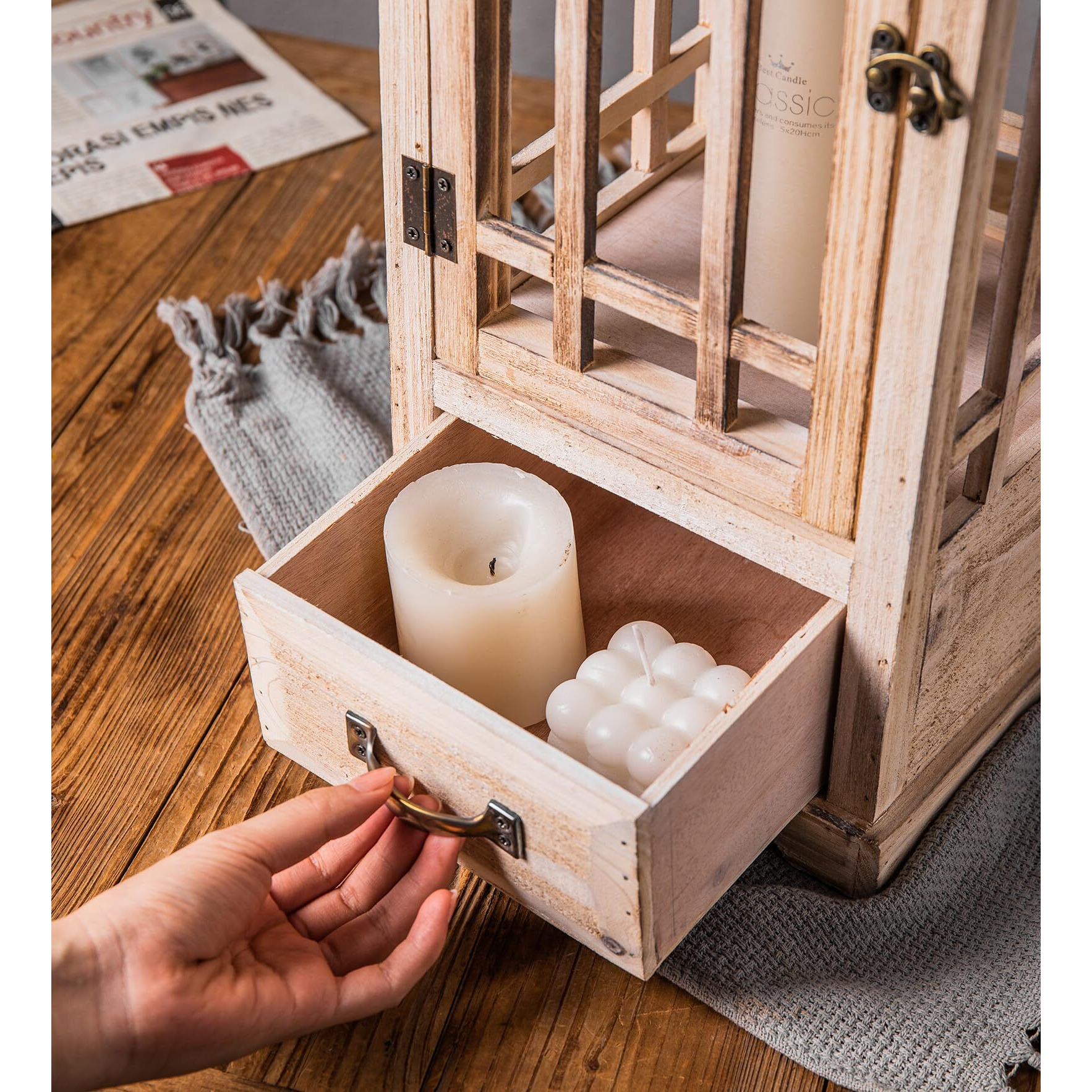 Timris Large Rustic Wooden Metal Decorative Lantern Set Of 2  Modern Farmhouse Floor Candle Lanterns With Drawer  Indoor/Outdoor Hanging Lanterns For Home Decor (No Glass)