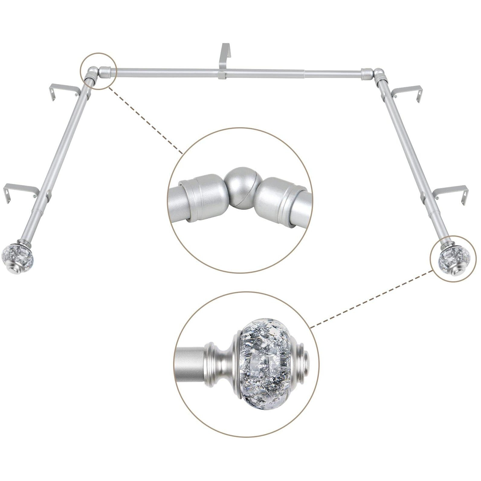 3/4 Inch Bay Window Curtain Rods  Usfook Telescoping Silver Curtain Rods For Bay Windows 36 To 72 Inches (Center Rod)  20 To 36 Inch (Side Rods)  Translucent Finials