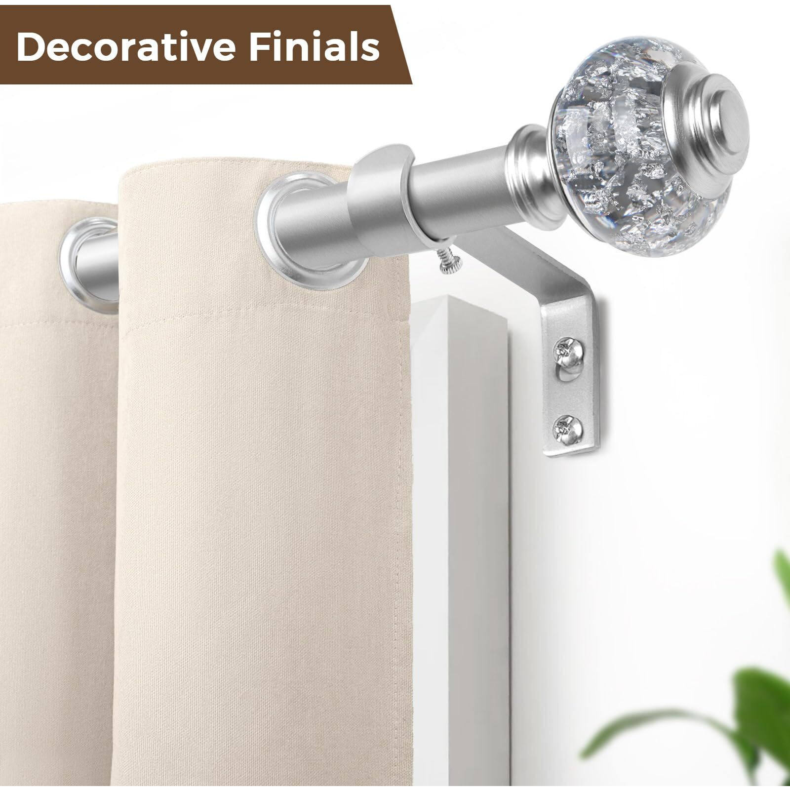3/4 Inch Bay Window Curtain Rods  Usfook Telescoping Silver Curtain Rods For Bay Windows 36 To 72 Inches (Center Rod)  20 To 36 Inch (Side Rods)  Translucent Finials