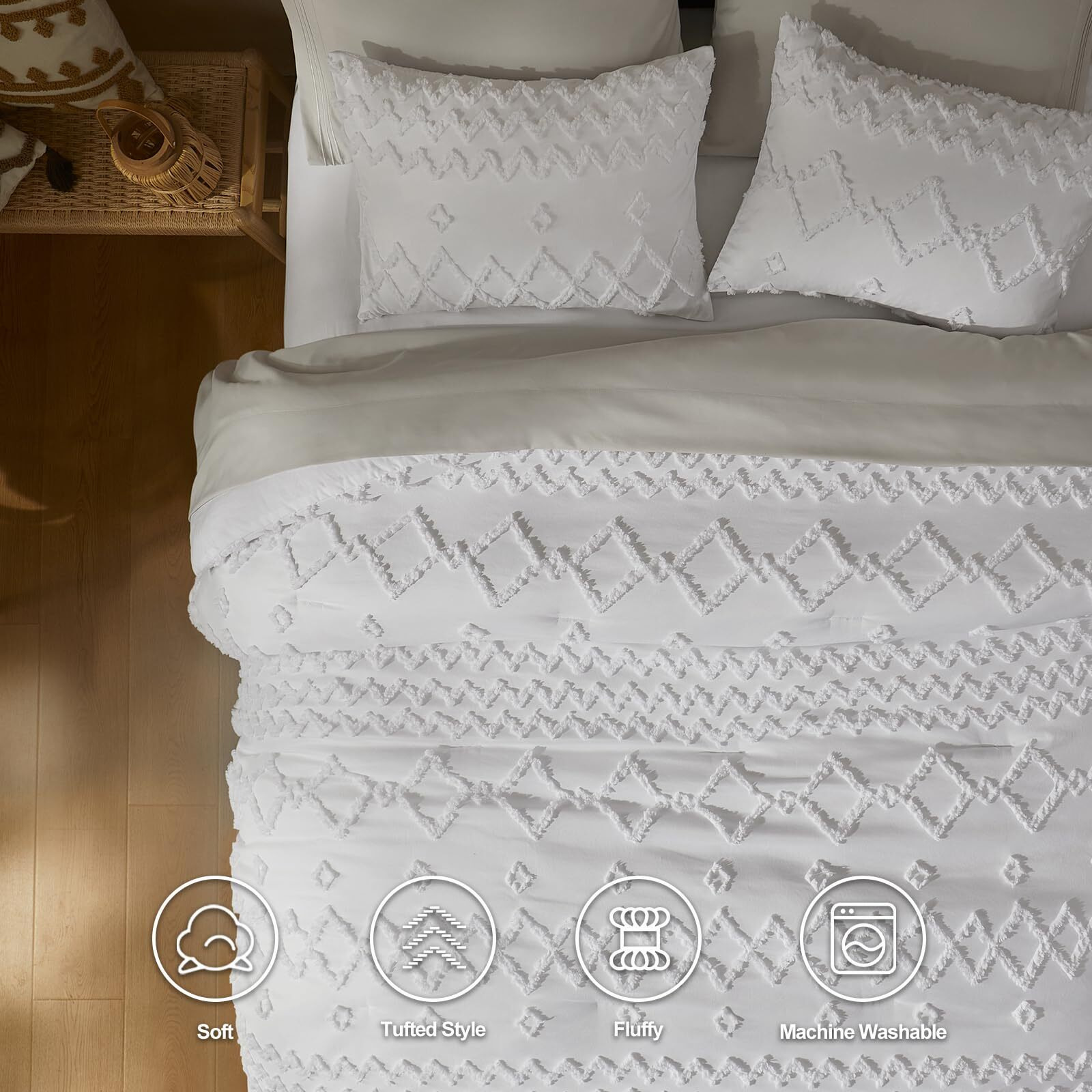Himeet White Comforter King Size - Tufted Shabby Chic Comforter Set 3 Pieces White King Size Comforter For All Seasons Boho Comforter Set King With Comforter & 2 Pillow Shams