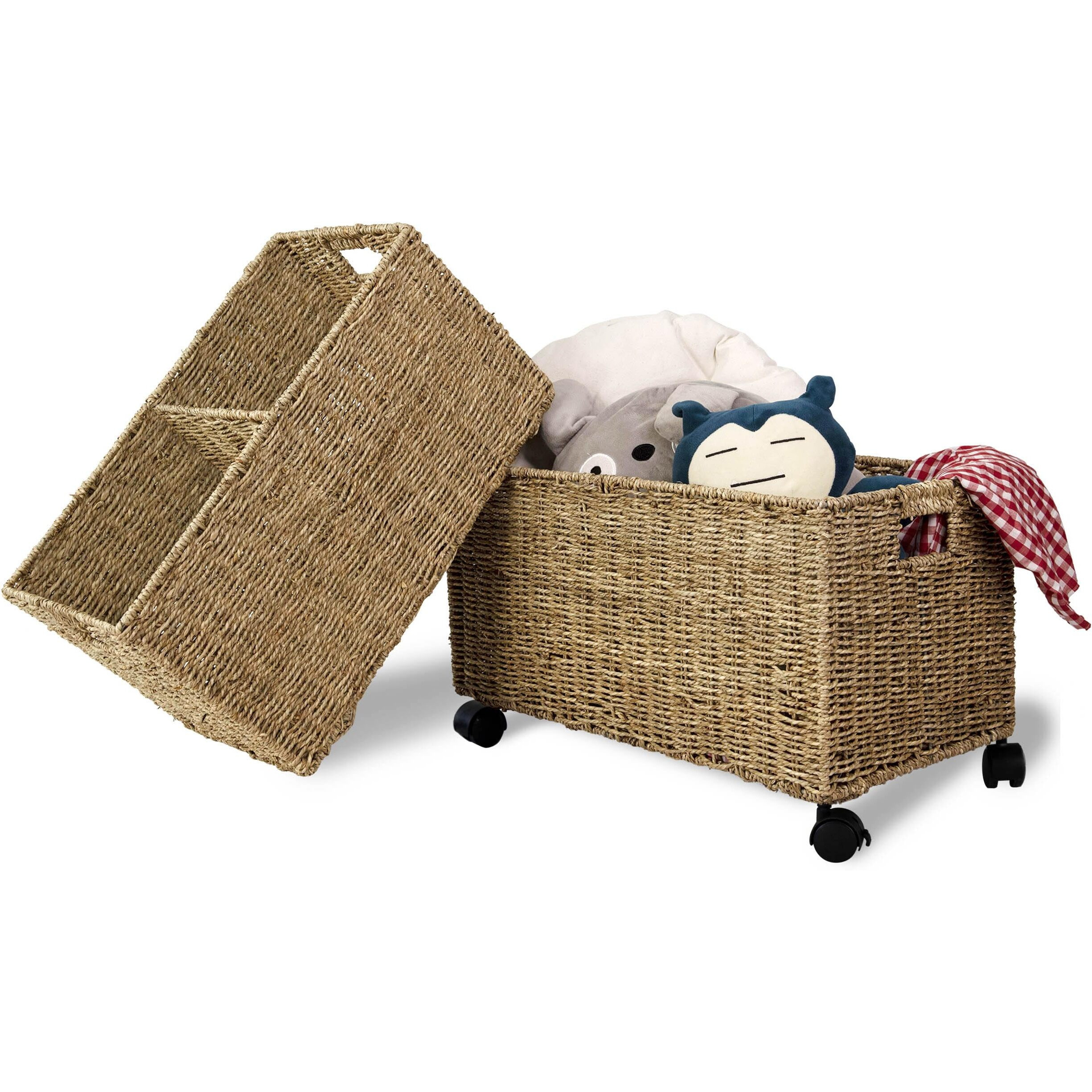 Pemar Set 2 (Different Sizes Nesting In A Set) Natural Wicker Rolling Storage Baskets On Wheels W Insert Handle  Under Table Under Desk Storage Bins  Mobile File Cabinet Organiser. Seagrass