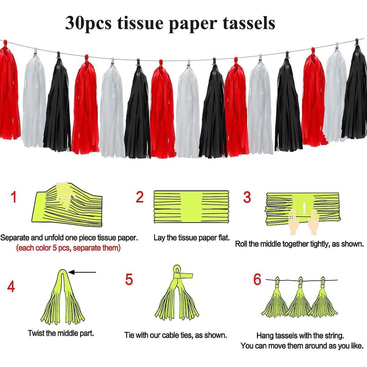 30Pcs Paper Tassels Garland Banner Tissue Paper Tassel Diy Hanging Paper Decorations Party Tassel Garland Decor Baby Shower Nursery Wedding Festival Baby Shower Decoration(30  White+Black+Red)