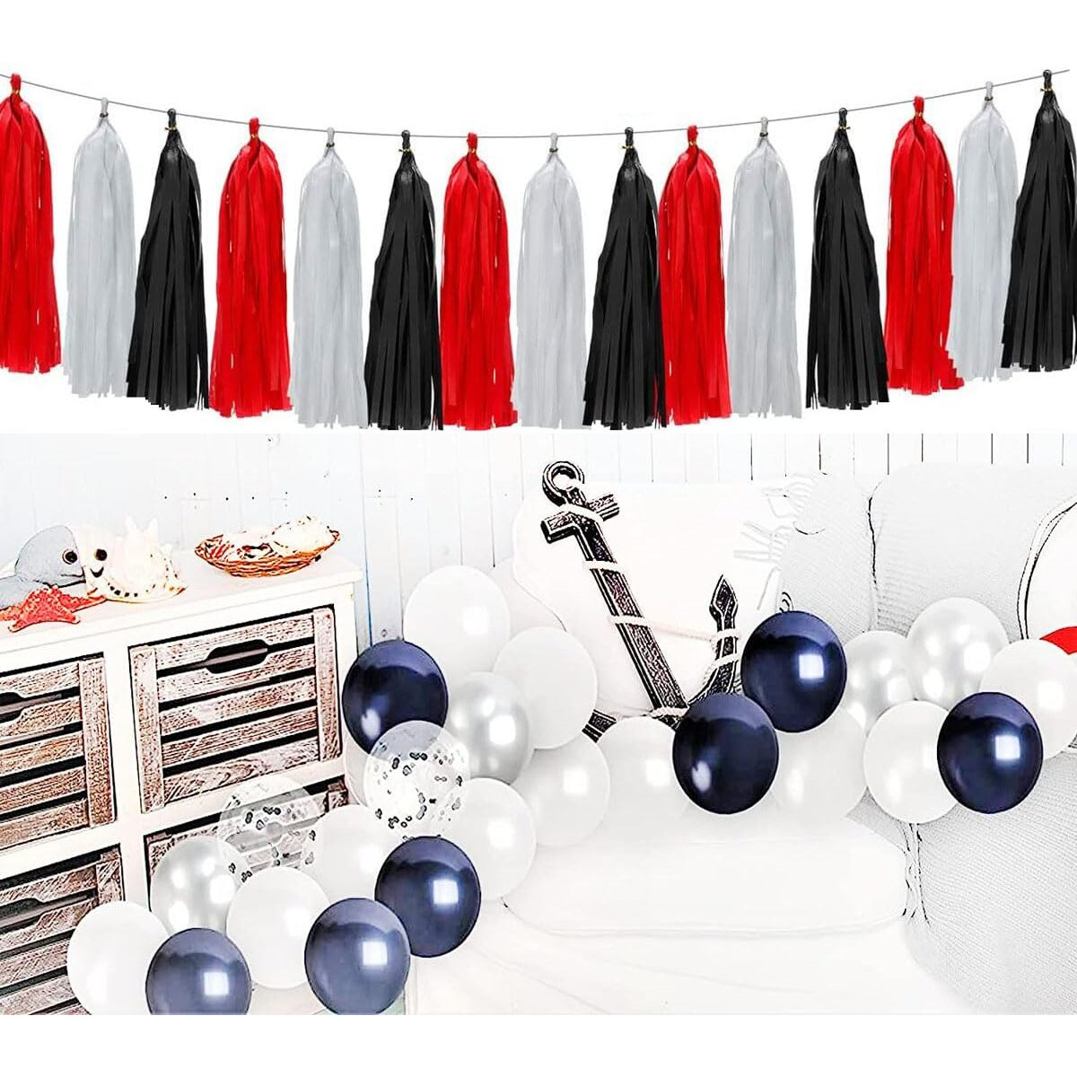30Pcs Paper Tassels Garland Banner Tissue Paper Tassel Diy Hanging Paper Decorations Party Tassel Garland Decor Baby Shower Nursery Wedding Festival Baby Shower Decoration(30  White+Black+Red)