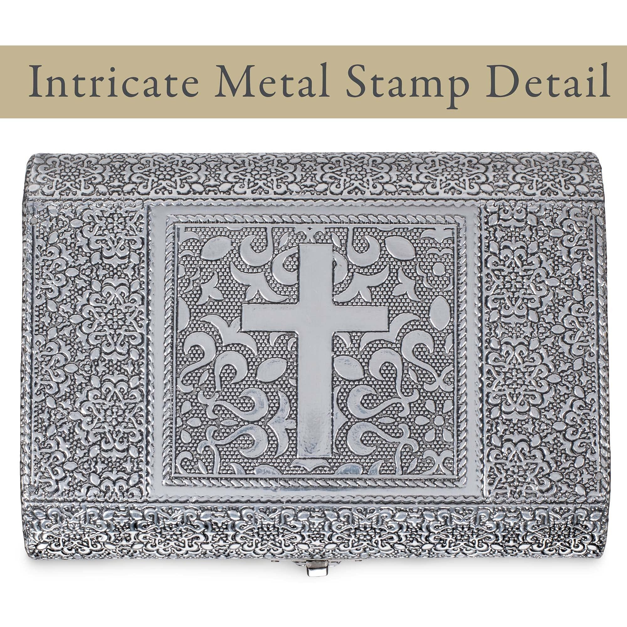 Cottage Garden Blessed Silver Tone Metal Stamped Round Top Trunk Keepsake Box