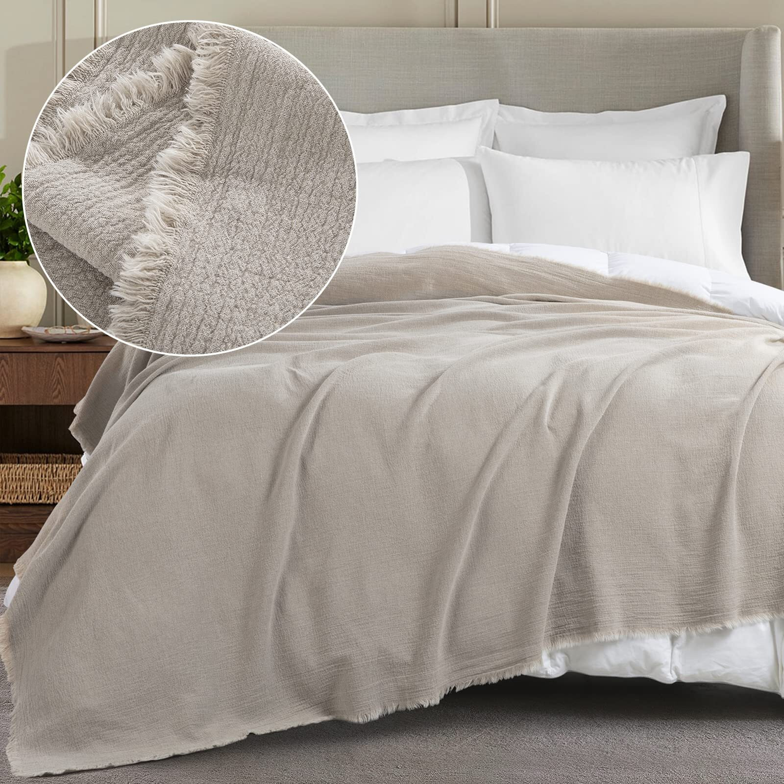 Hombys 92"&quotX108"" 100% Pure Linen Oversized King Blanket-Soft Linen Reversible Throw Blanket In Natural Linen Color Bed Blanket(Flax Color  92"&quotX108"")