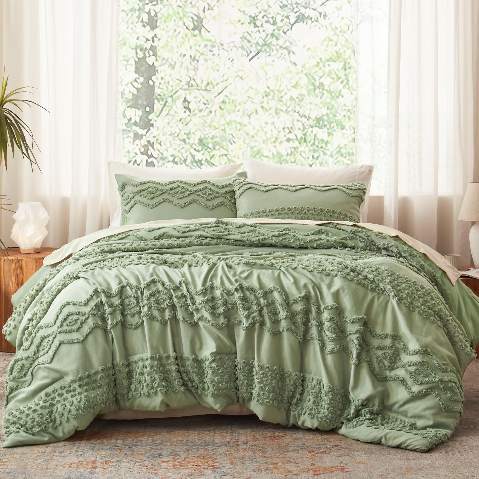 Luxudecor Sage Green Tufted Comforter Set King Size 3 Pieces Boho Shabby Chic Comforter Farmhouse Embroidery Bedding Set Soft Comforter For All Seasons (Sage Green  104''X90'')