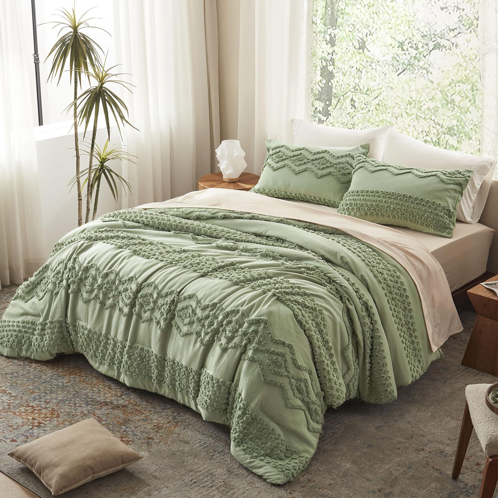 Luxudecor Sage Green Tufted Comforter Set King Size 3 Pieces Boho Shabby Chic Comforter Farmhouse Embroidery Bedding Set Soft Comforter For All Seasons (Sage Green  104''X90'')