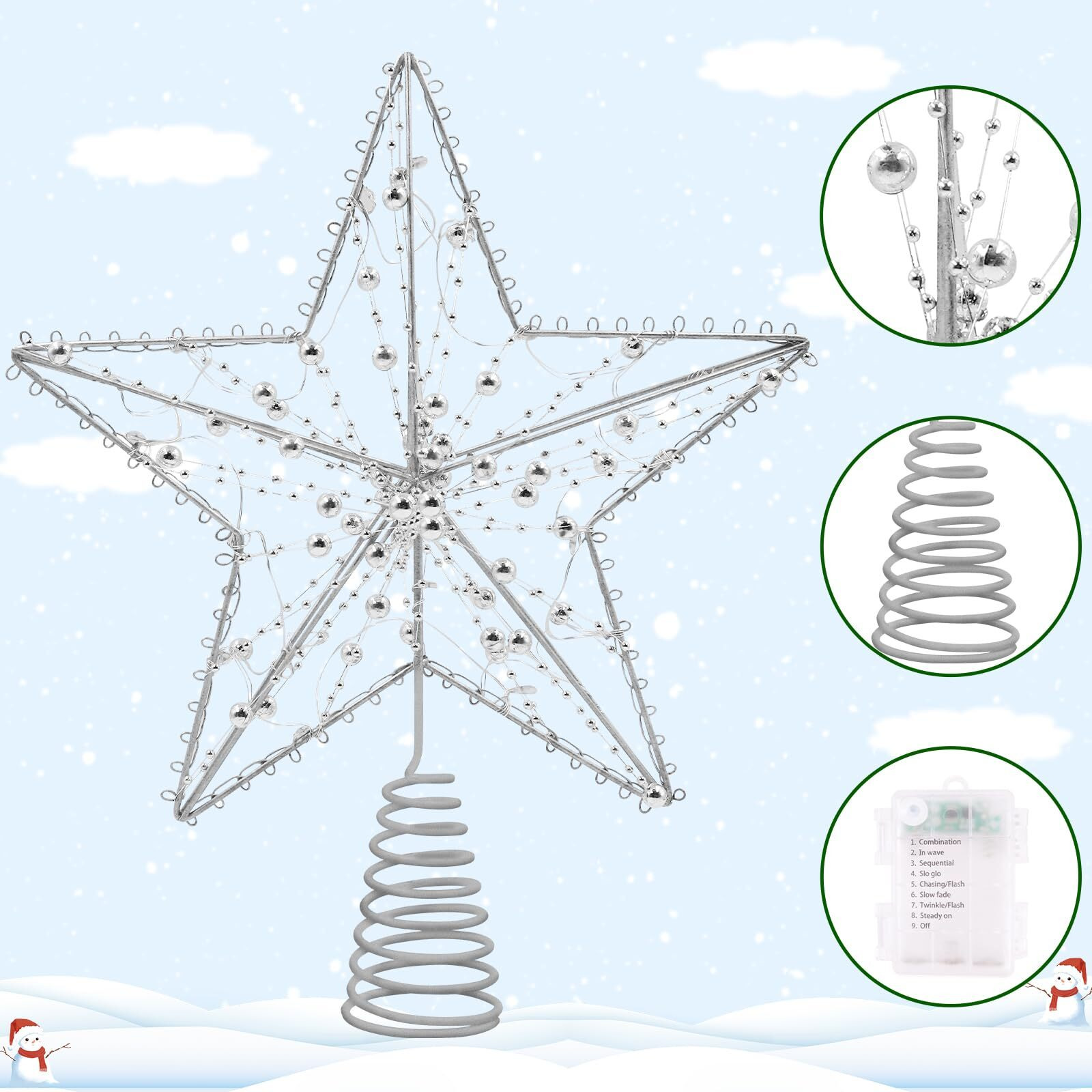 Aumayco Silver Christmas Tree Topper Star With 20 Pure White Led Lights And Pearl Beads  Remote Control Star Tree Topper For Christmas Tree Decorations And Xmas Holiday DCor  Battery Required