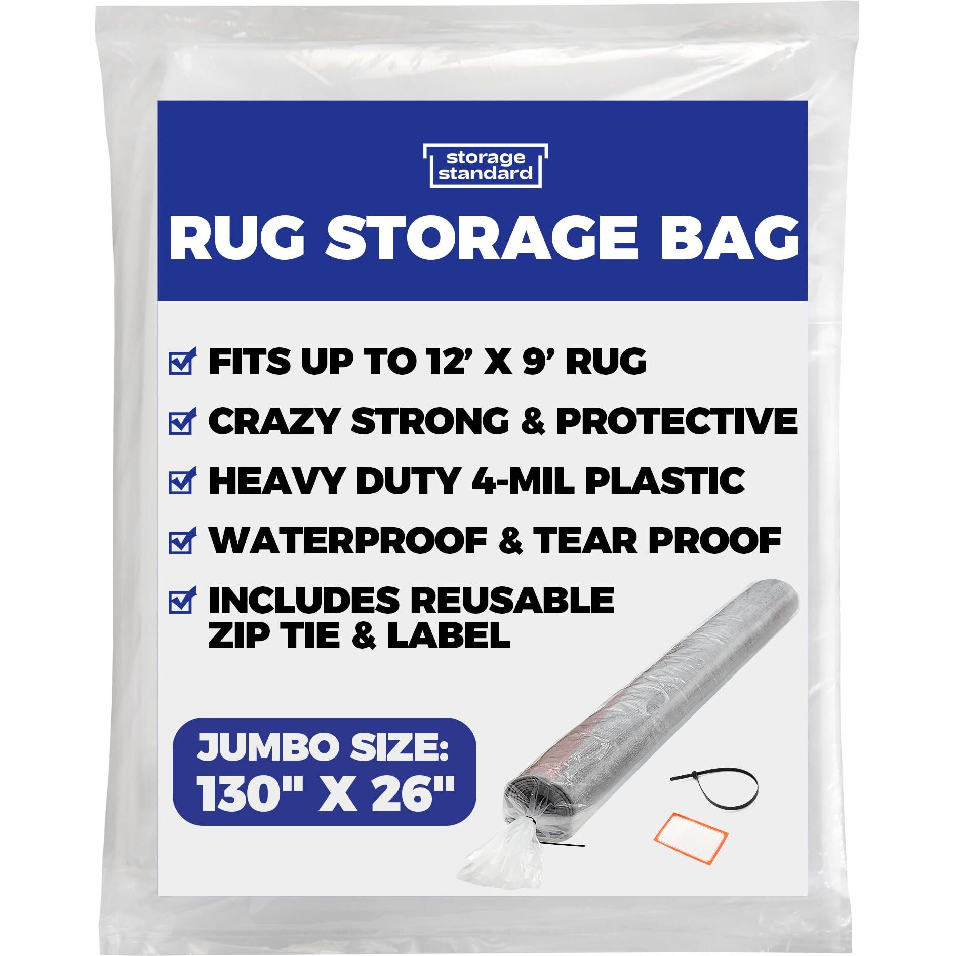 Heavy Duty Rug Storage Bag - Reusable Rug Shipping Bag  Waterproof Plastic Rug Cover - Fits Rolled Carpet Up To 9 X 12 Feet  4 Mil Thick Tear Proof Plastic Storage Bag - 1 Clear Bag  130 X 26 Inches
