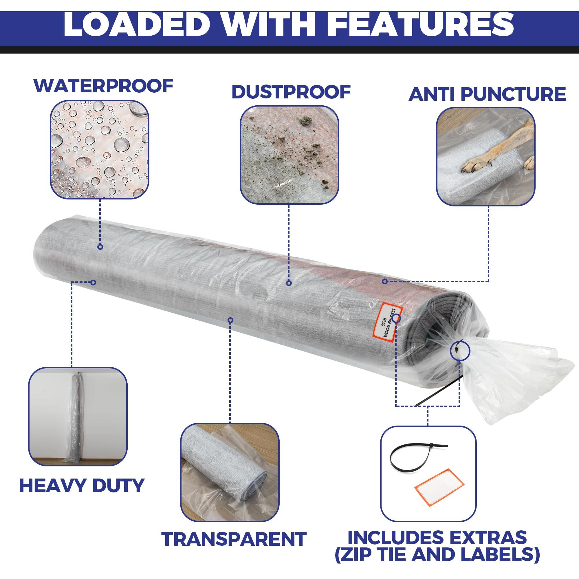 Heavy Duty Rug Storage Bag - Reusable Rug Shipping Bag  Waterproof Plastic Rug Cover - Fits Rolled Carpet Up To 9 X 12 Feet  4 Mil Thick Tear Proof Plastic Storage Bag - 1 Clear Bag  130 X 26 Inches