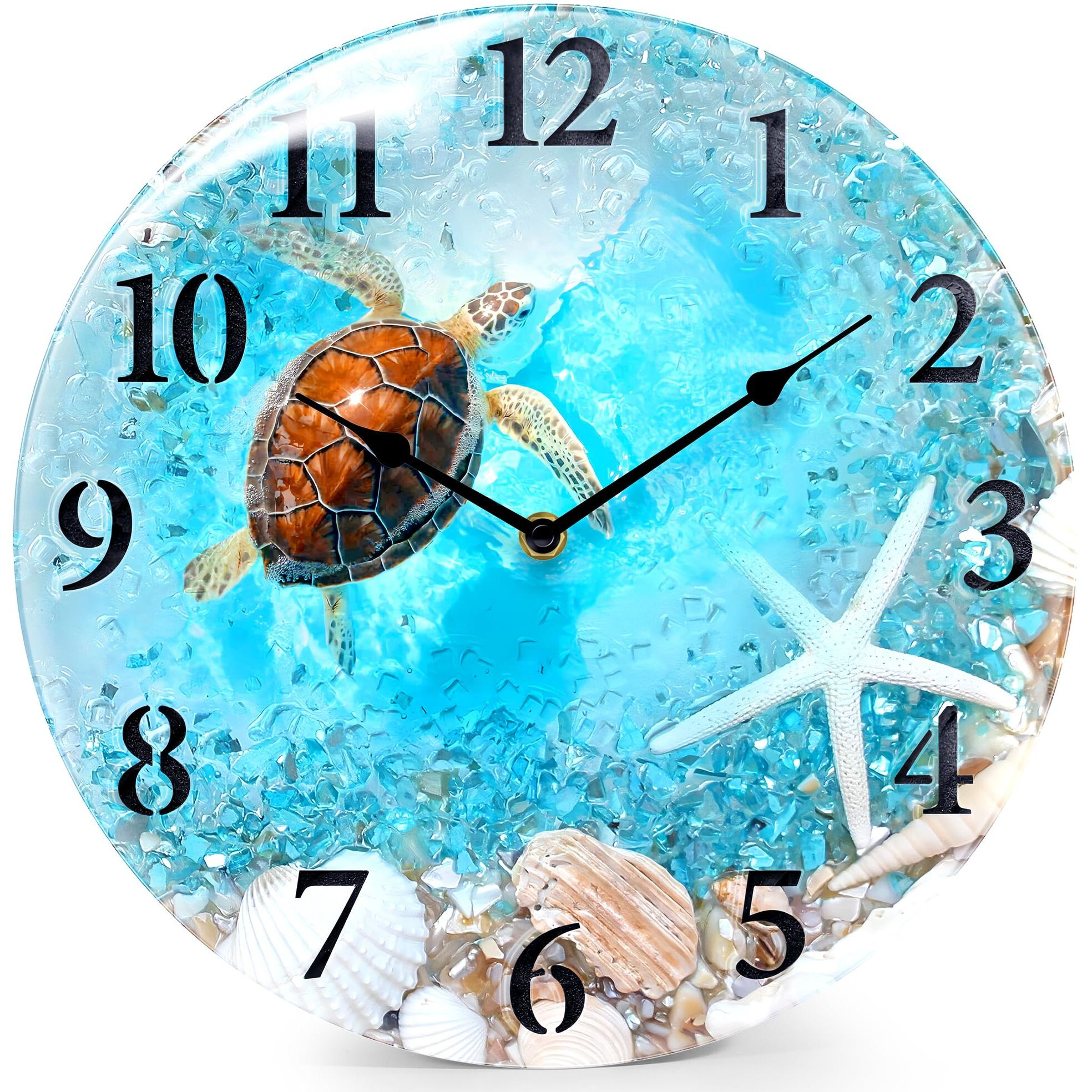 Wiskalon Coastal Nautical Glass Wall Clock With Seashell Design And Turtle Beach Theme - Battery Operated Silent Wall Decor For Home  Kitchen  Living Room  Office  Bedroom  Or Bathroom (12 Inch Blue)