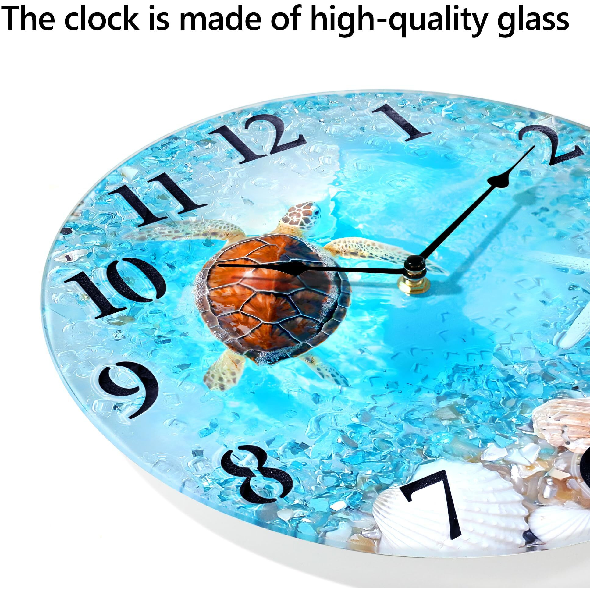 Wiskalon Coastal Nautical Glass Wall Clock With Seashell Design And Turtle Beach Theme - Battery Operated Silent Wall Decor For Home  Kitchen  Living Room  Office  Bedroom  Or Bathroom (12 Inch Blue)