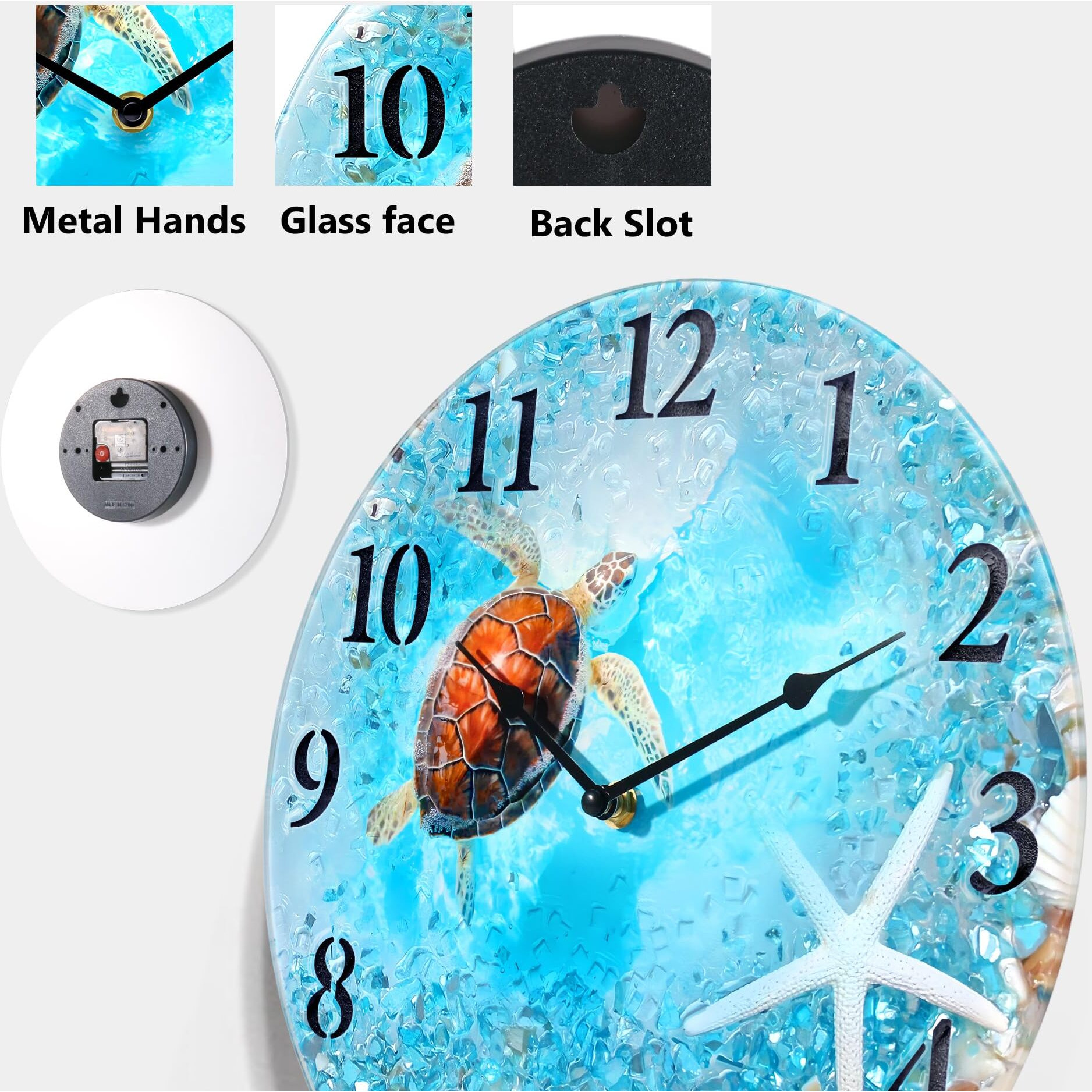 Wiskalon Coastal Nautical Glass Wall Clock With Seashell Design And Turtle Beach Theme - Battery Operated Silent Wall Decor For Home  Kitchen  Living Room  Office  Bedroom  Or Bathroom (12 Inch Blue)