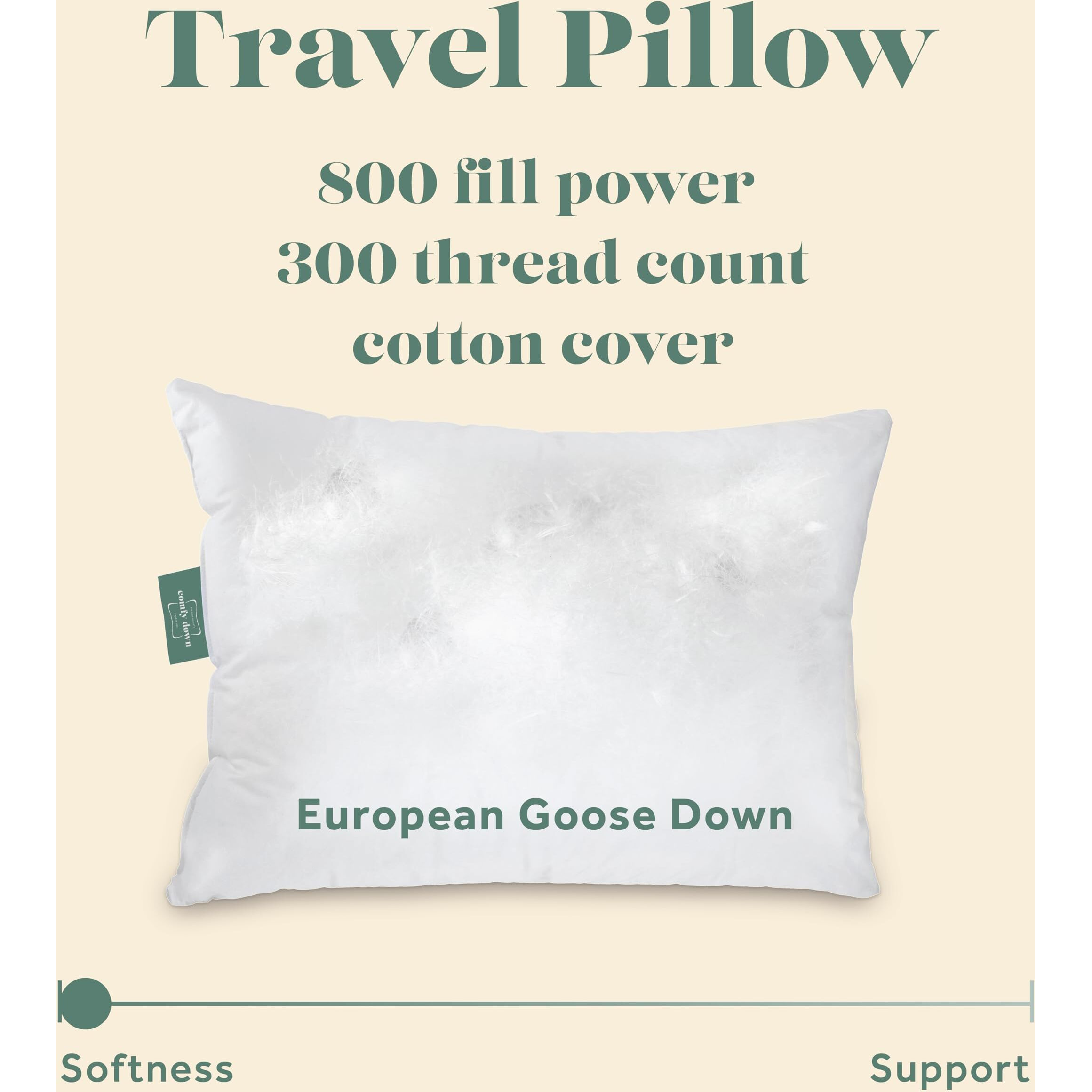 Goose Down Travel Pillow - Filled With 800 Fill Power European Goose Down  Egyptian 300 Thread Count 100% Cotton Cover For Plane Car & Home - Made In Usa (13"" X 18"")