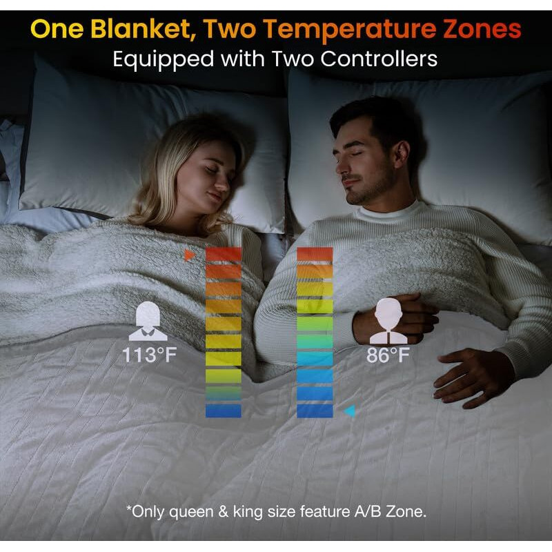 Woomer Electric Blanket Heated Heating Blanket Queen Size 90"&quotX 84"" Warm Blanket Soft Flannel & Sherpa Winter Warmer  Etl  10 Heating Levels 0.5-12H Auto Off Machine Washable White