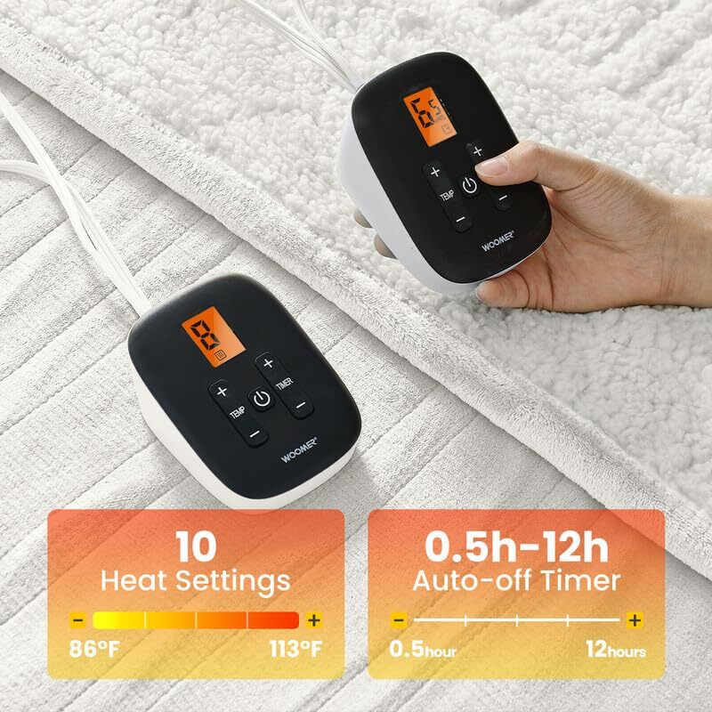 Woomer Electric Blanket Heated Heating Blanket Queen Size 90"&quotX 84"" Warm Blanket Soft Flannel & Sherpa Winter Warmer  Etl  10 Heating Levels 0.5-12H Auto Off Machine Washable White
