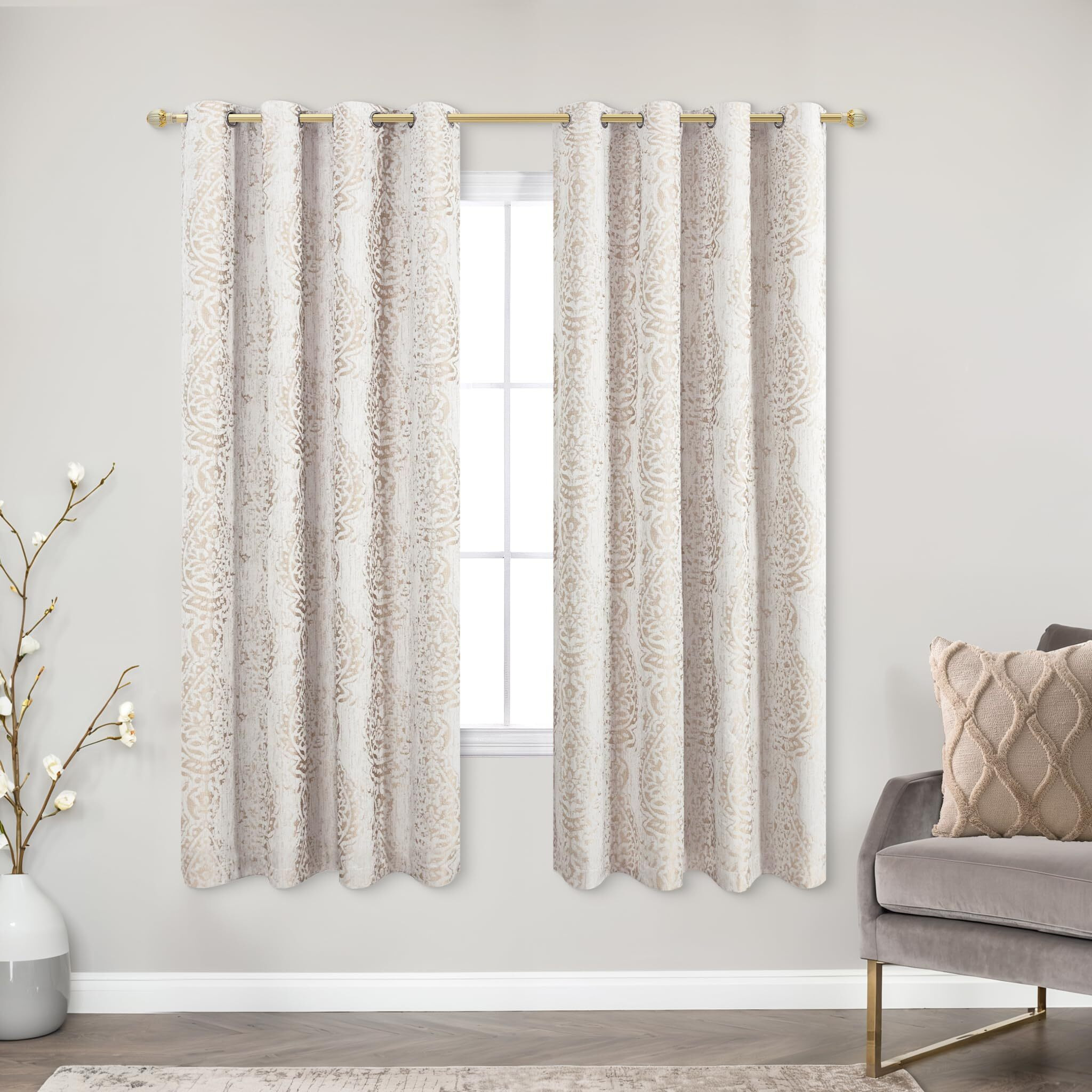 Tan Black Out Curtains 63 Inch Long 2 Panel Set Boho Room Darkening Pattern Embellished Beautiful Paisley Textured Decorative Blackout Living Room Curtains 63 Inch Length For Bay Window Bedroom Taupe