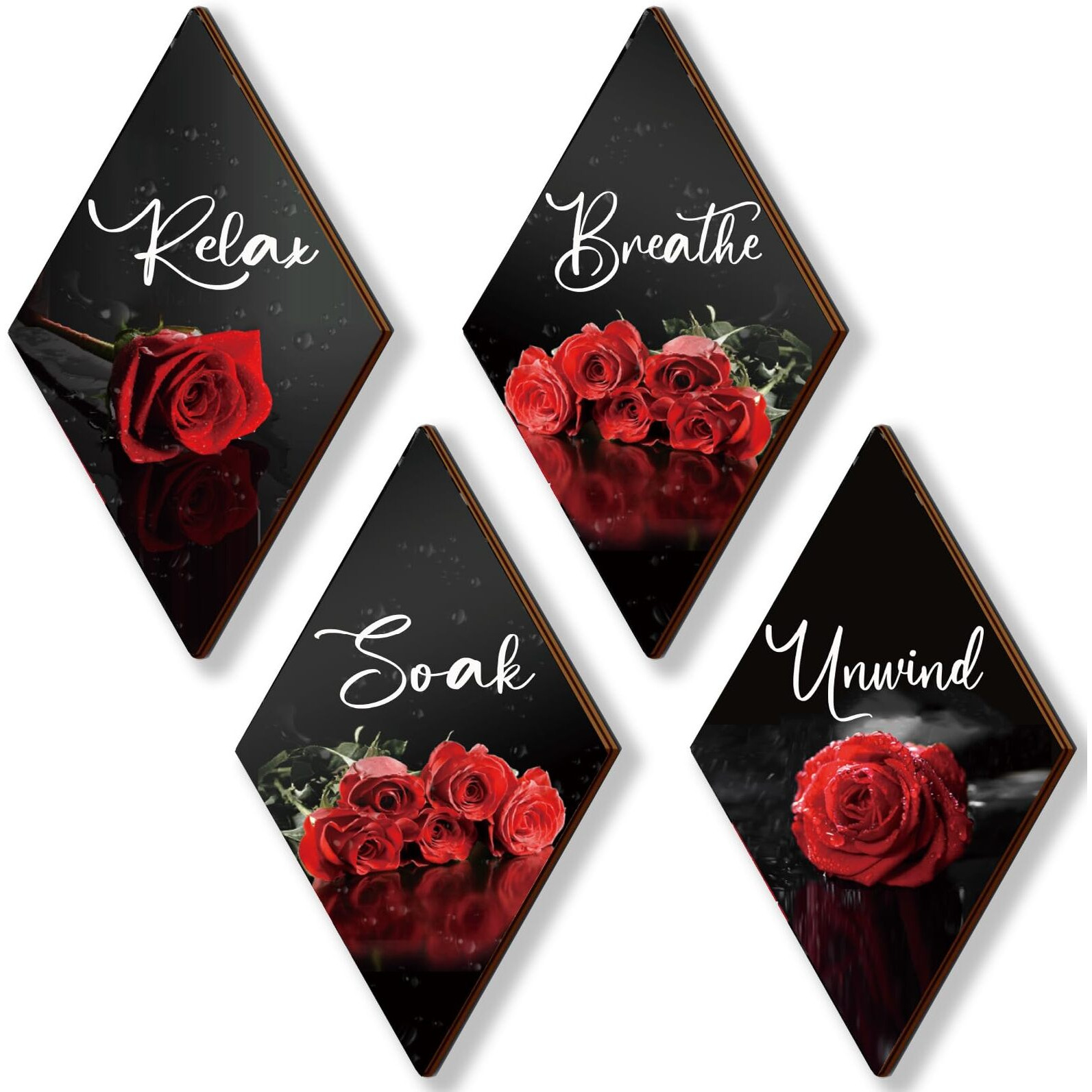 Onizhity Set Of 4 Red Bathroom Decor Rose Wooden Wall Decor Flower Rustic Romantic Floral Farmhouse Wall Decor Modern Breathe Soak Unwind Relax Signs Red Decor For Room Kitchen Bathroom (Red 12 X 7)