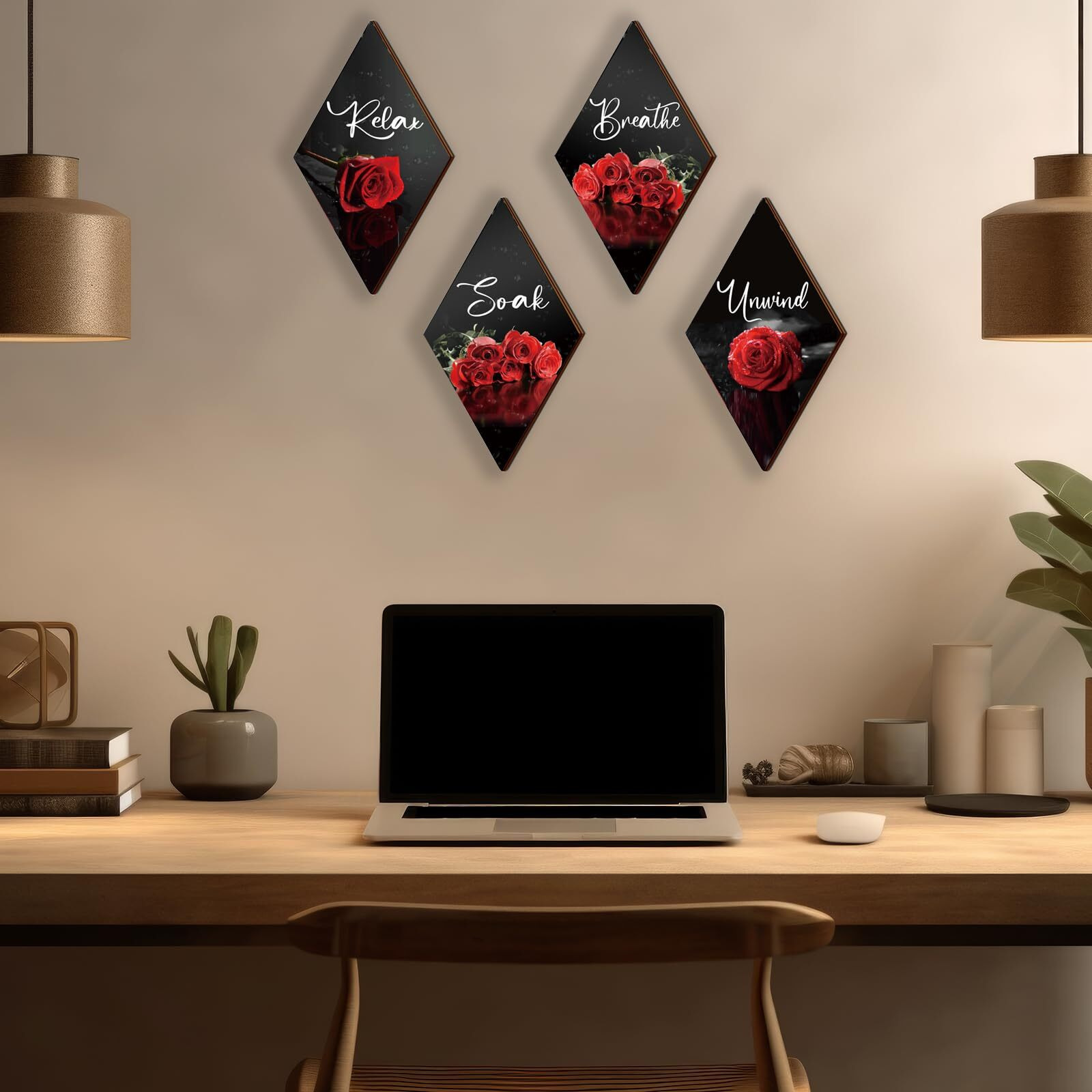 Onizhity Set Of 4 Red Bathroom Decor Rose Wooden Wall Decor Flower Rustic Romantic Floral Farmhouse Wall Decor Modern Breathe Soak Unwind Relax Signs Red Decor For Room Kitchen Bathroom (Red 12 X 7)