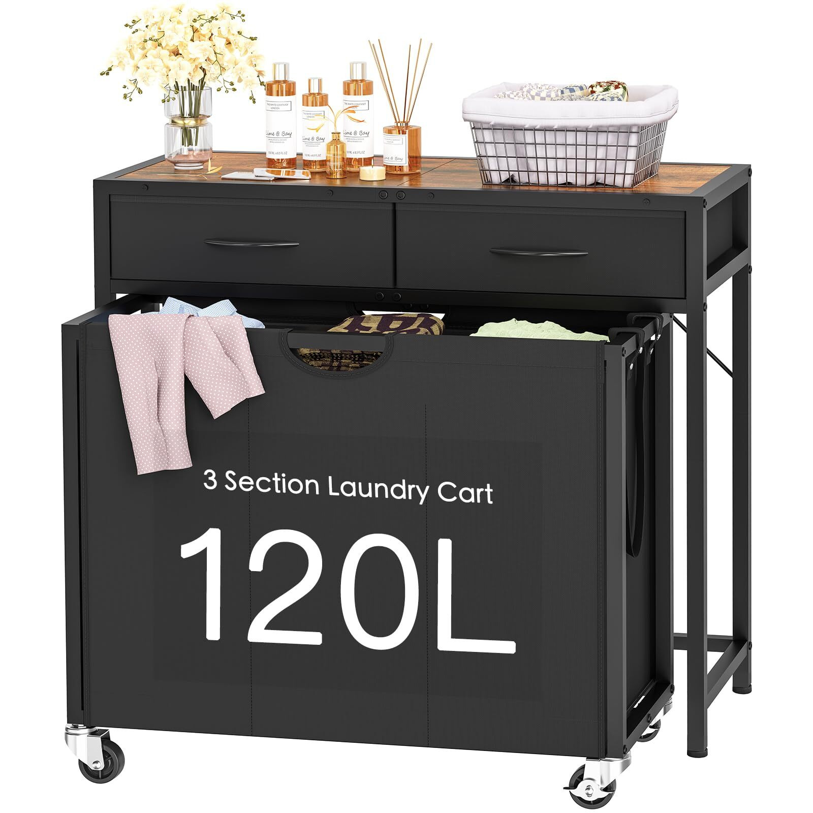 Laundry Sorter  Rolling Laundry Hamper With 3 Section Pull-Out Bags  Laundry Basket Organizer With 2 Drawers & 2-Tone Top Panel  Laundry Hamper With Wheels For Laundry Room Organization  Bathroom