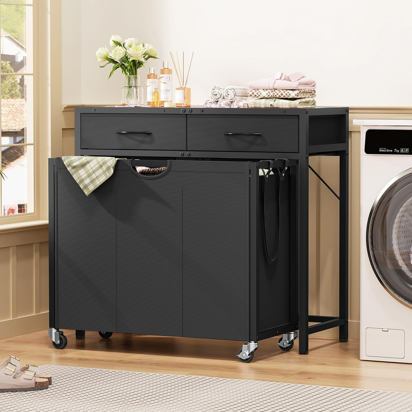 Laundry Sorter  Rolling Laundry Hamper With 3 Section Pull-Out Bags  Laundry Basket Organizer With 2 Drawers & 2-Tone Top Panel  Laundry Hamper With Wheels For Laundry Room Organization  Bathroom